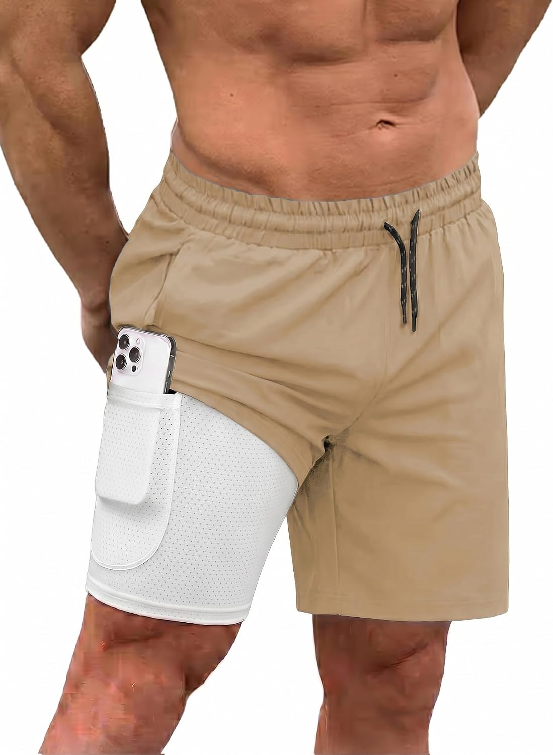 Men's 2 in 1 Swim Trunks - Quick Dry Board Shorts with Compression Liner and Printed Designs for the Beach - White (12)