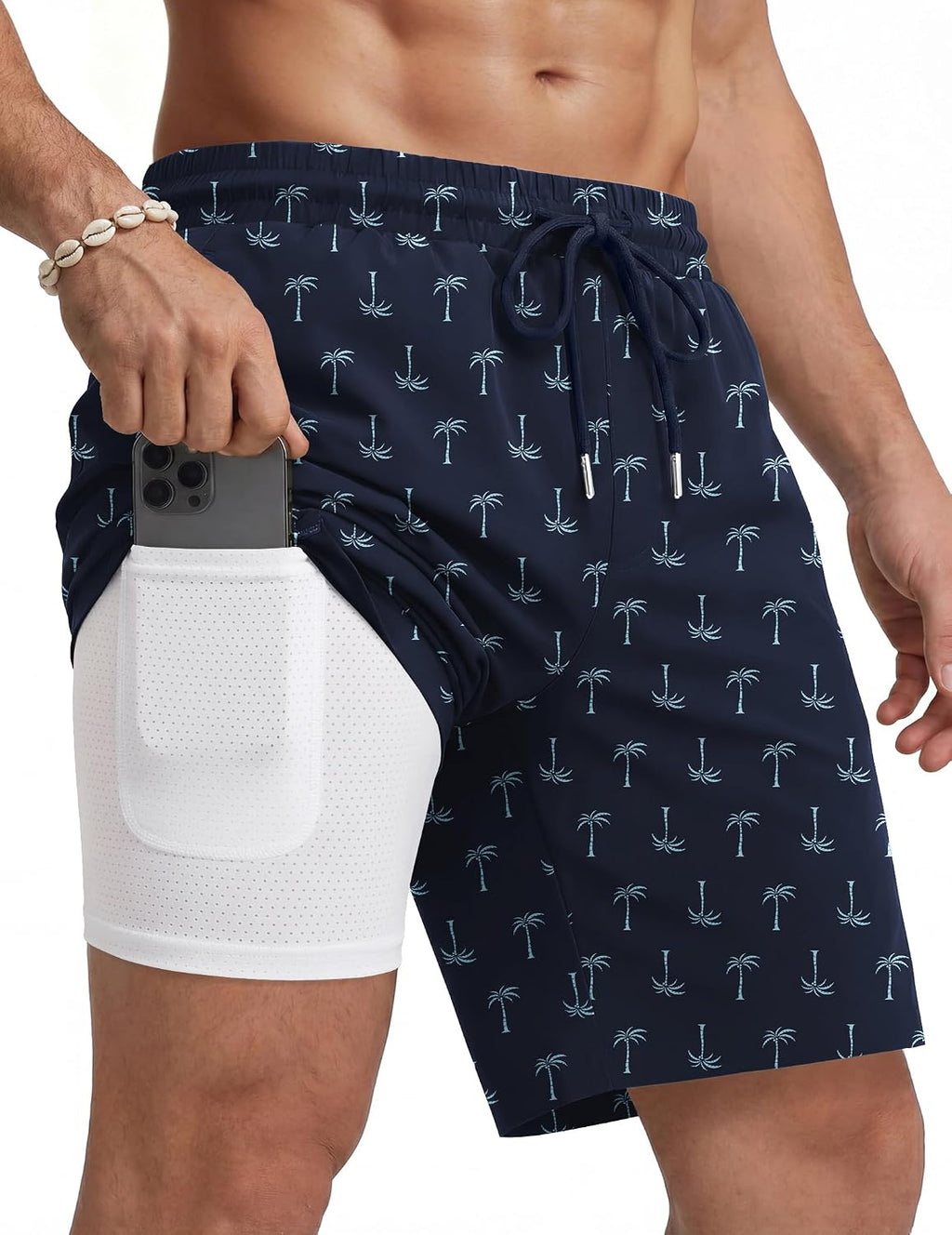 Men's 7 Inch Swim Trunks - Quick Dry Bathing Suit with Compression Liner and Zipper Pockets for Beach Trips - Medium