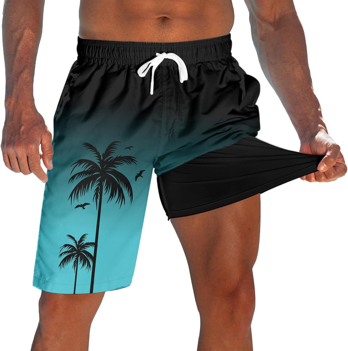 Men's 9 Inch Board Shorts - Quick Dry Swim Trunks with Compression Liner and Two Roomy Side Pockets - Large