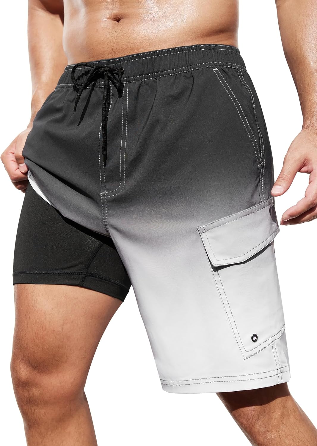 Men's Cargo Swim Trunks - 9 Inch Board Shorts with Compression Liner and Deep Side Pockets for Water Parks - Small