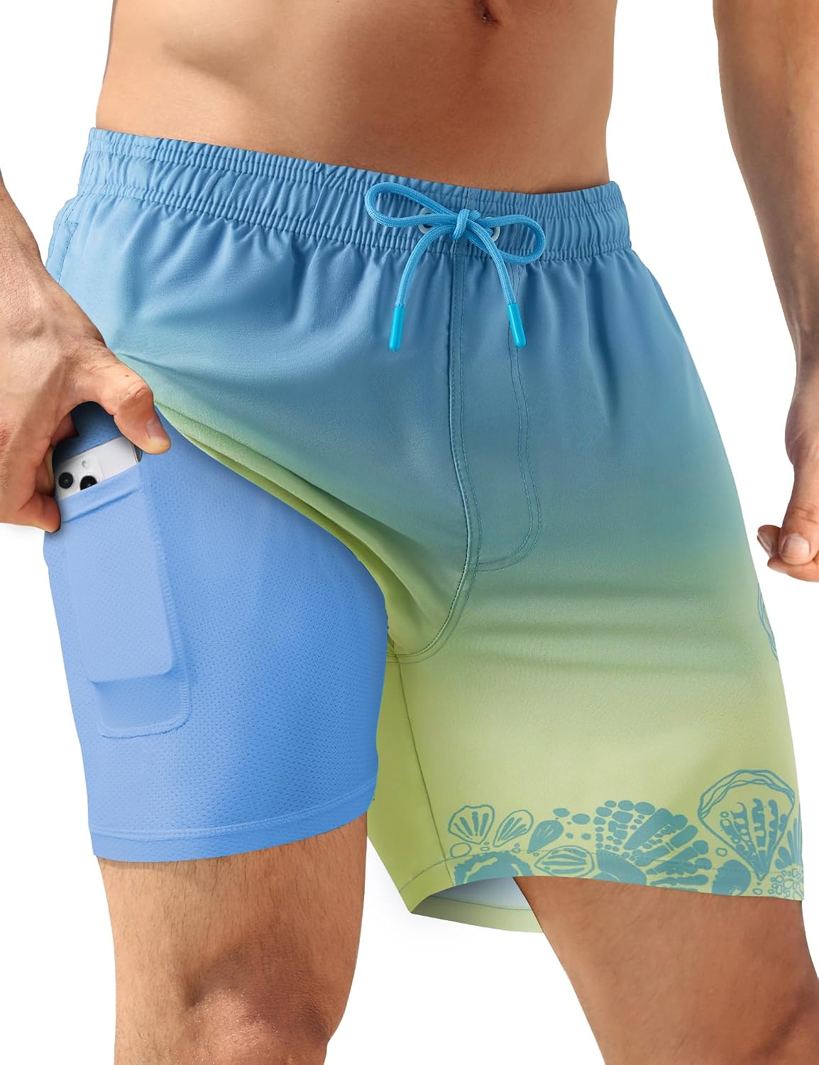 Men's 5 Inch Swim Trunks - Quick Dry 2 in 1 Board Shorts with Compression Liner and Zipper Pockets - Dusty Blue & Sage O