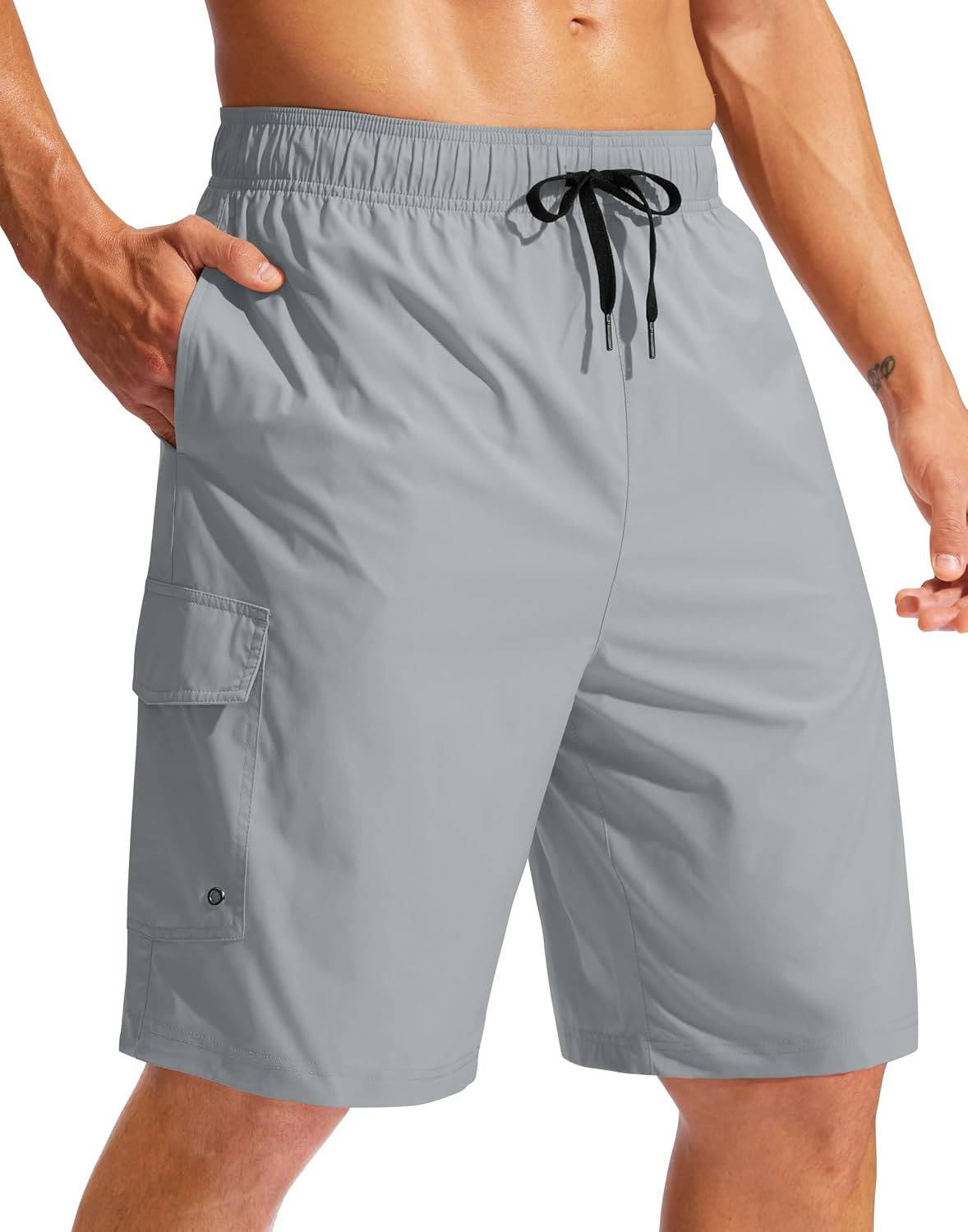 Men's 9 Inch Swim Trunks Without Liner - Knee Length Board Shorts with Three Pockets and Drawstring Waist - Medium