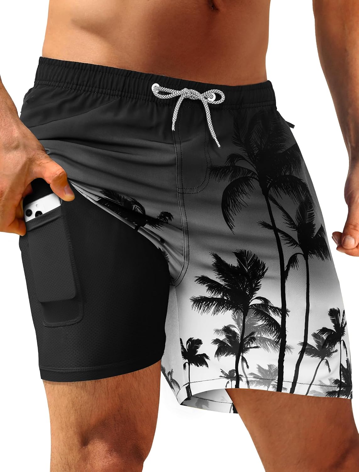 Men's 5 Inch Swim Trunks - Quick Dry 2 in 1 Board Shorts with Compression Liner and Zipper Pockets - Dusty Blue & Sage O