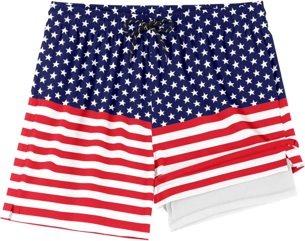 Men's 2 in 1 Swim Trunks - Quick Dry Board Shorts with Compression Liner and Printed Designs for the Beach - Peacock Blu