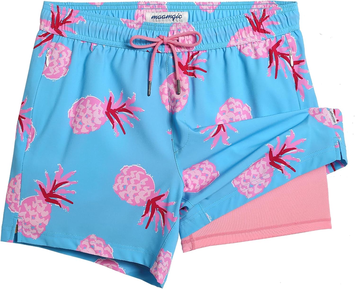 Men's Quick Dry Swim Trunks - 5 Inch Inseam with Built-In Compression Liner for Beach and Pool Days - Blue-pink Flamingo