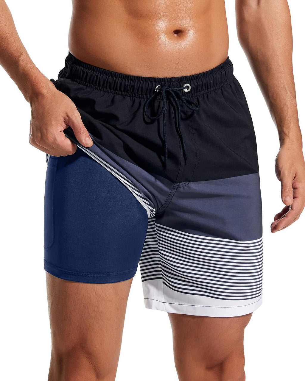 Men's 7 Inch Swim Trunks - 2 in 1 Compression Liner, Adjustable Waist and Side Zipper Pockets for Water Sports - Small