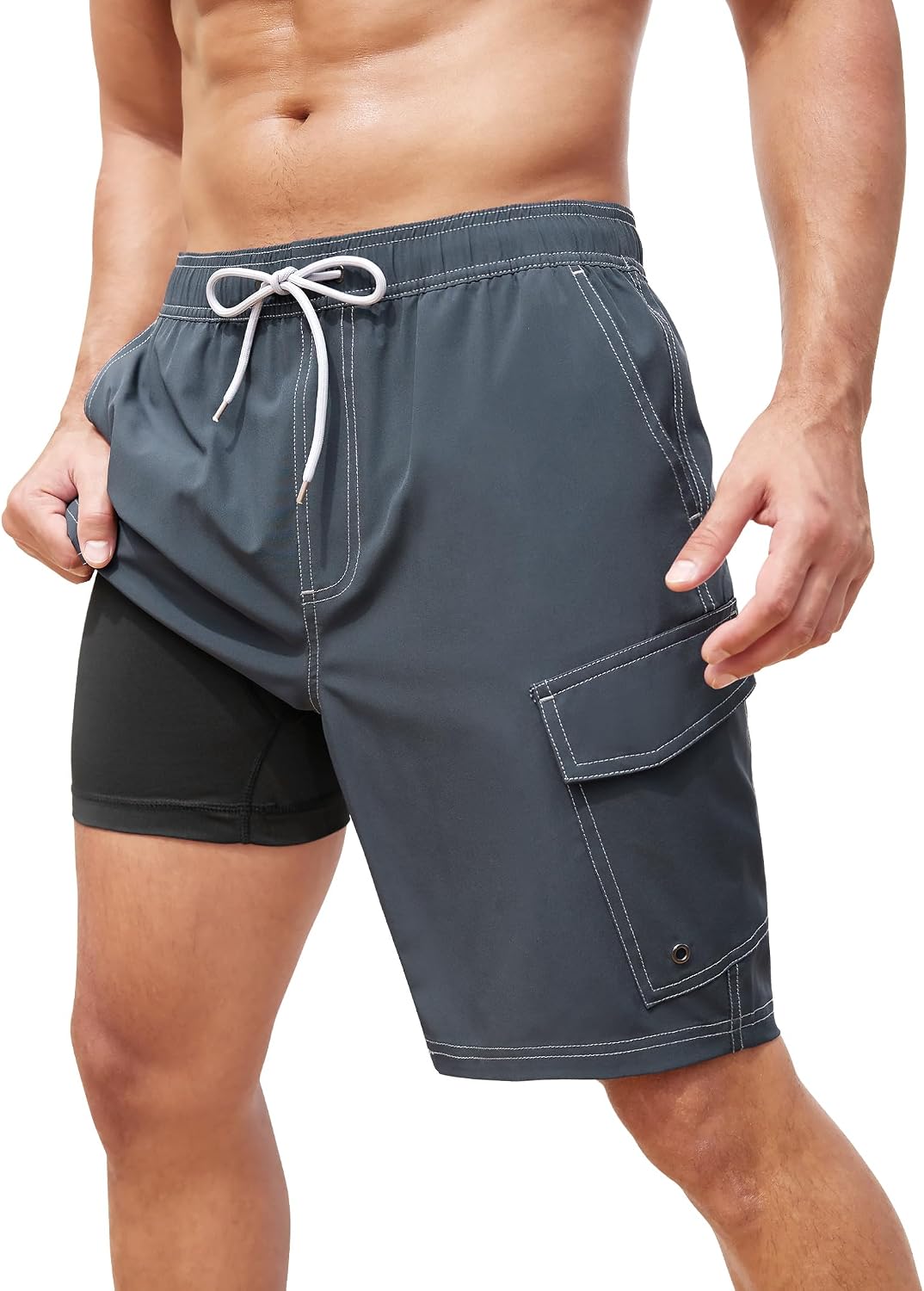 Men's Cargo Swim Trunks - 9 Inch Board Shorts with Compression Liner and Deep Side Pockets for Water Parks - Small