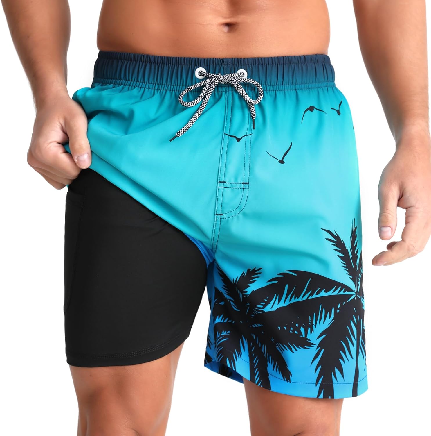 Men's Swim Trunks with Compression Liner - Zip Pockets, Elastic Waist and Quick Dry Fabric for Vacations - Small