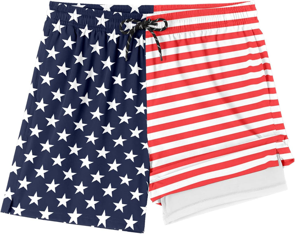 Men's 2 in 1 Swim Trunks - Quick Dry Board Shorts with Compression Liner and Printed Designs for the Beach - Peacock Blu