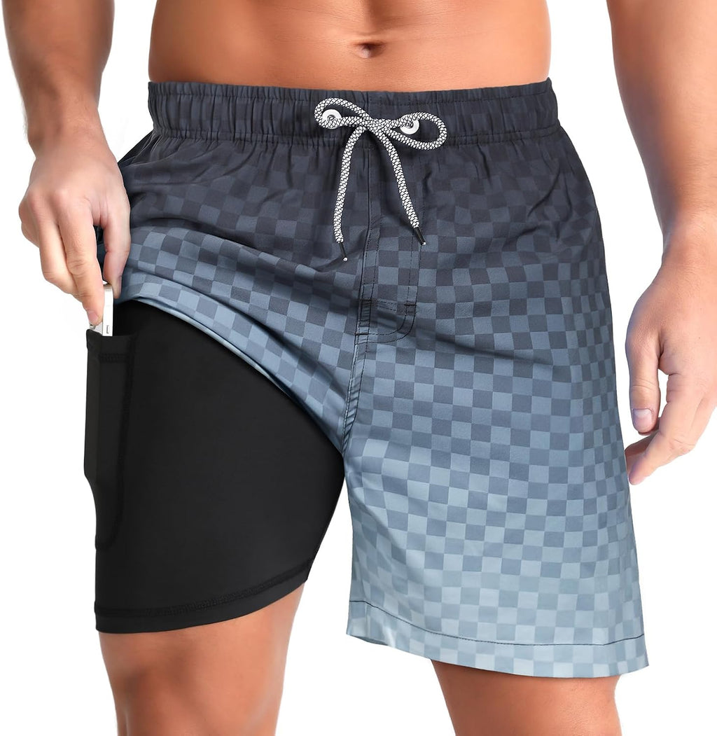 Men's Swim Trunks with Compression Liner - Zip Pockets, Elastic Waist and Quick Dry Fabric for Vacations - Small