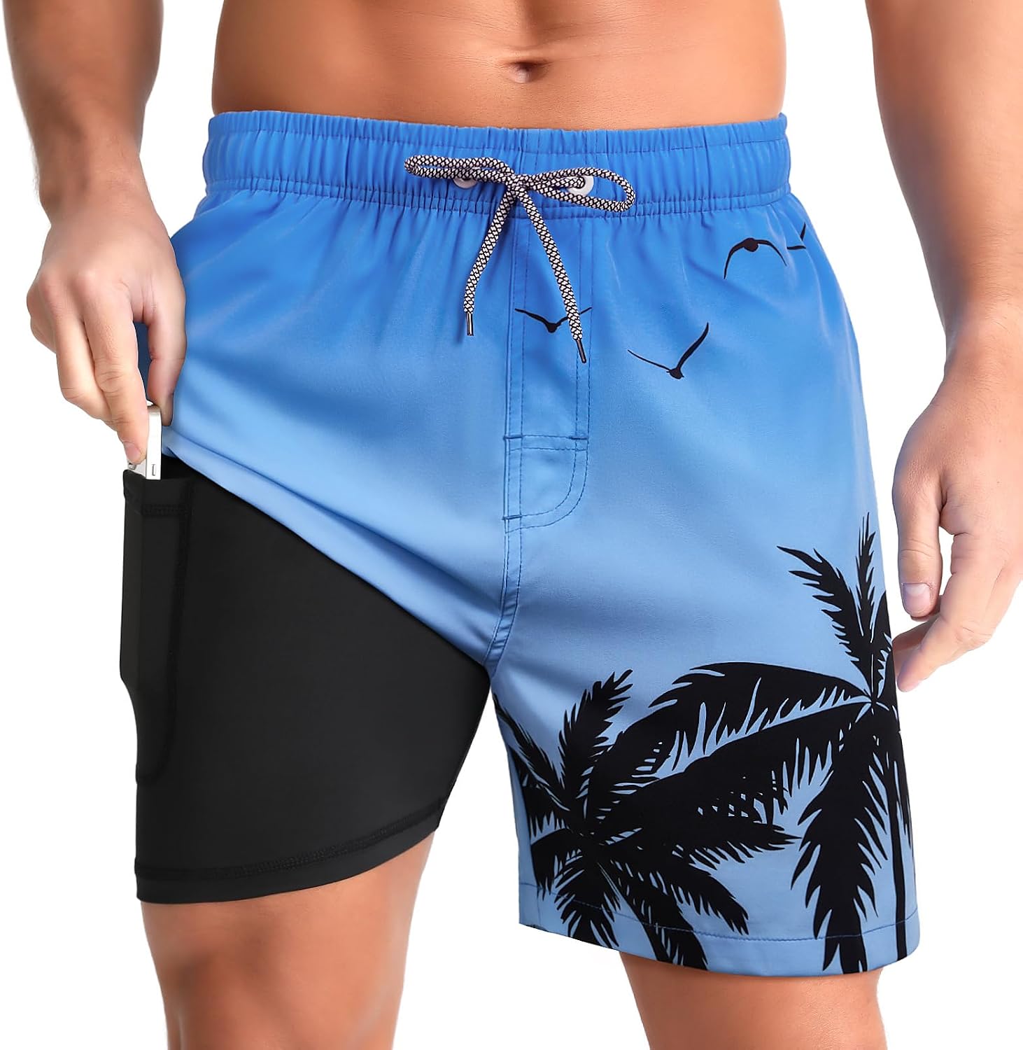 Men's Swim Trunks with Compression Liner - Zip Pockets, Elastic Waist and Quick Dry Fabric for Vacations - Small
