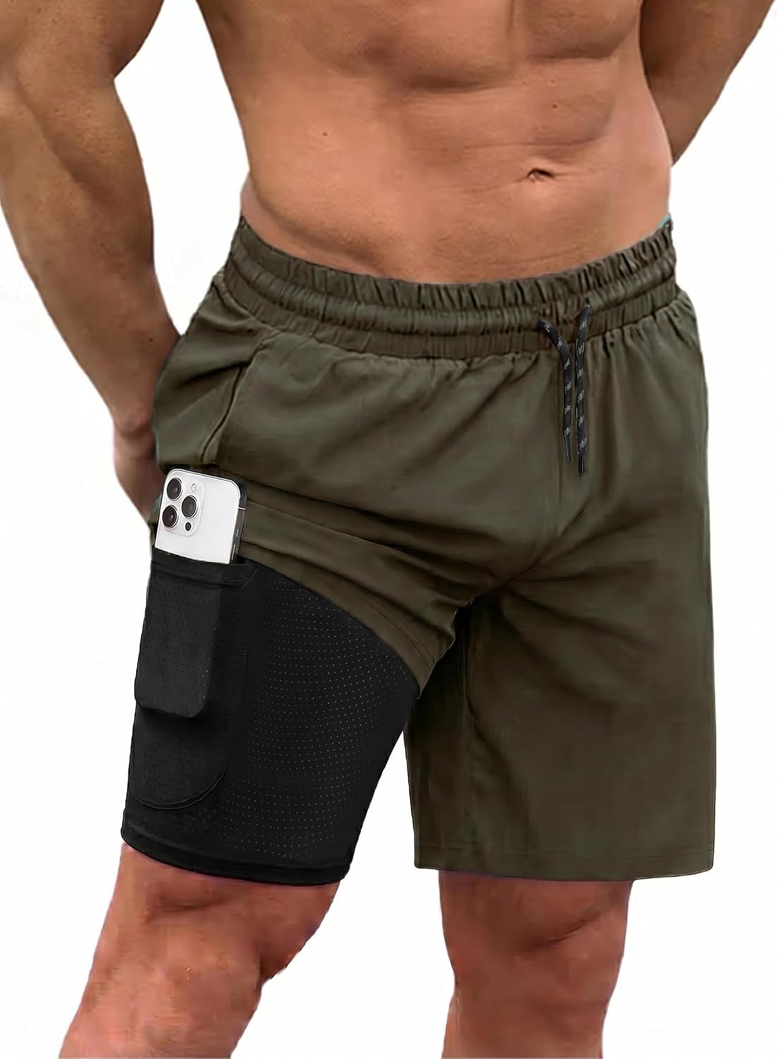 Men's 2 in 1 Swim Trunks - Quick Dry Board Shorts with Compression Liner and Printed Designs for the Beach - White
