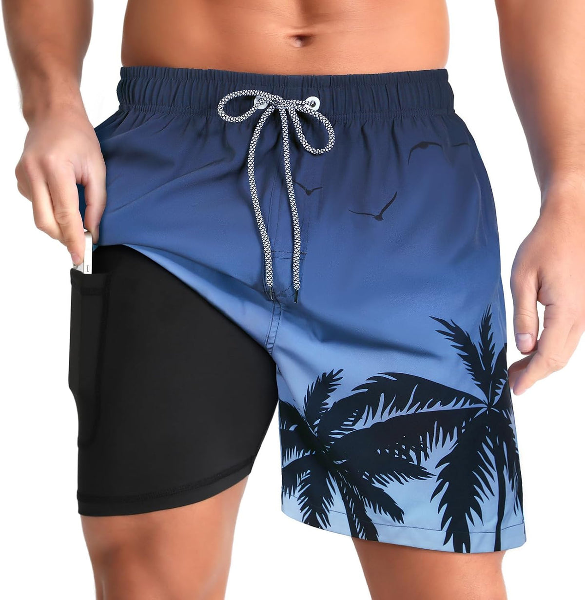Men's Swim Trunks with Compression Liner - Zip Pockets, Elastic Waist and Quick Dry Fabric for Vacations - Small