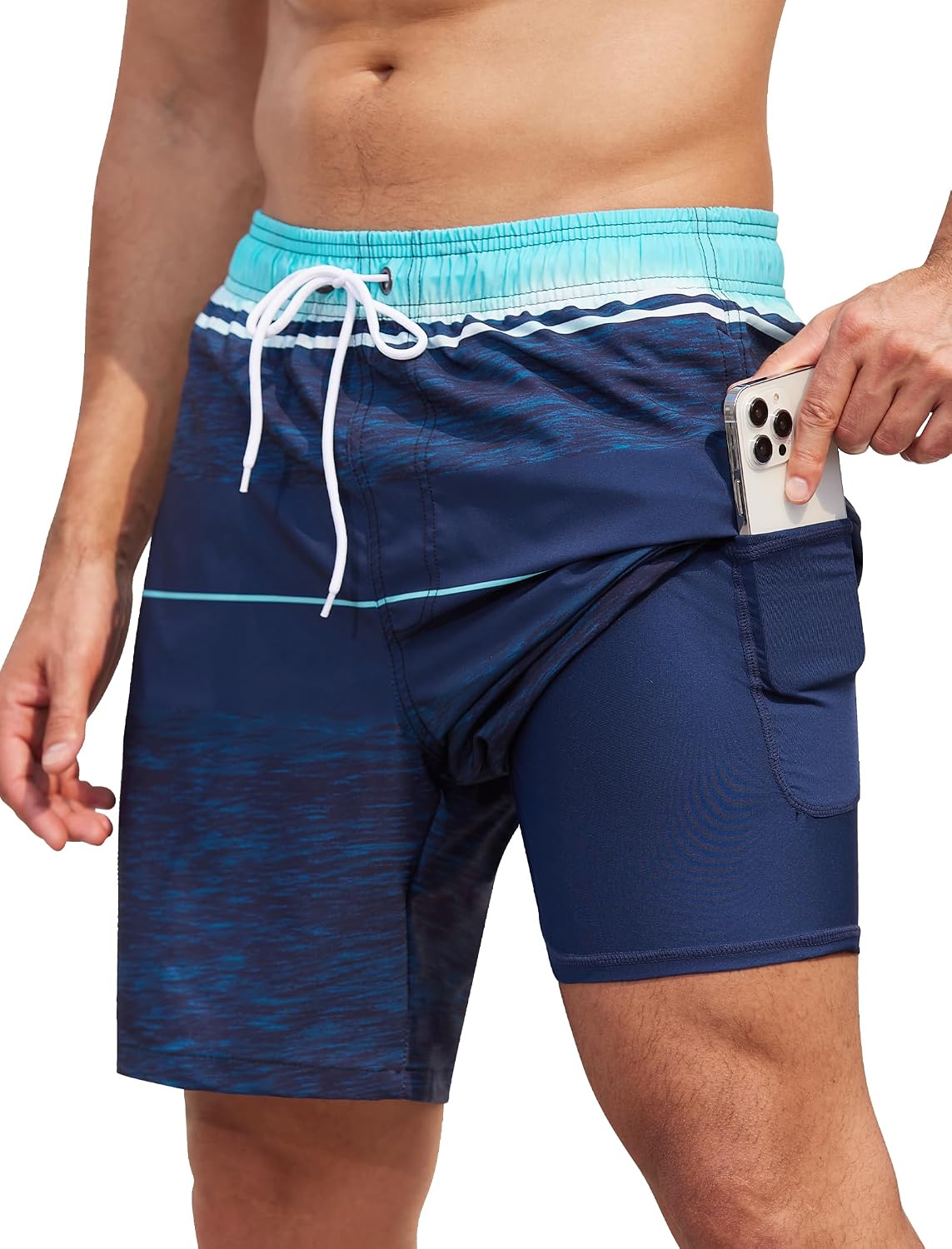 Men's 7 Inch Swim Trunks - 2 in 1 Compression Liner, Adjustable Waist and Side Zipper Pockets for Water Sports - Small