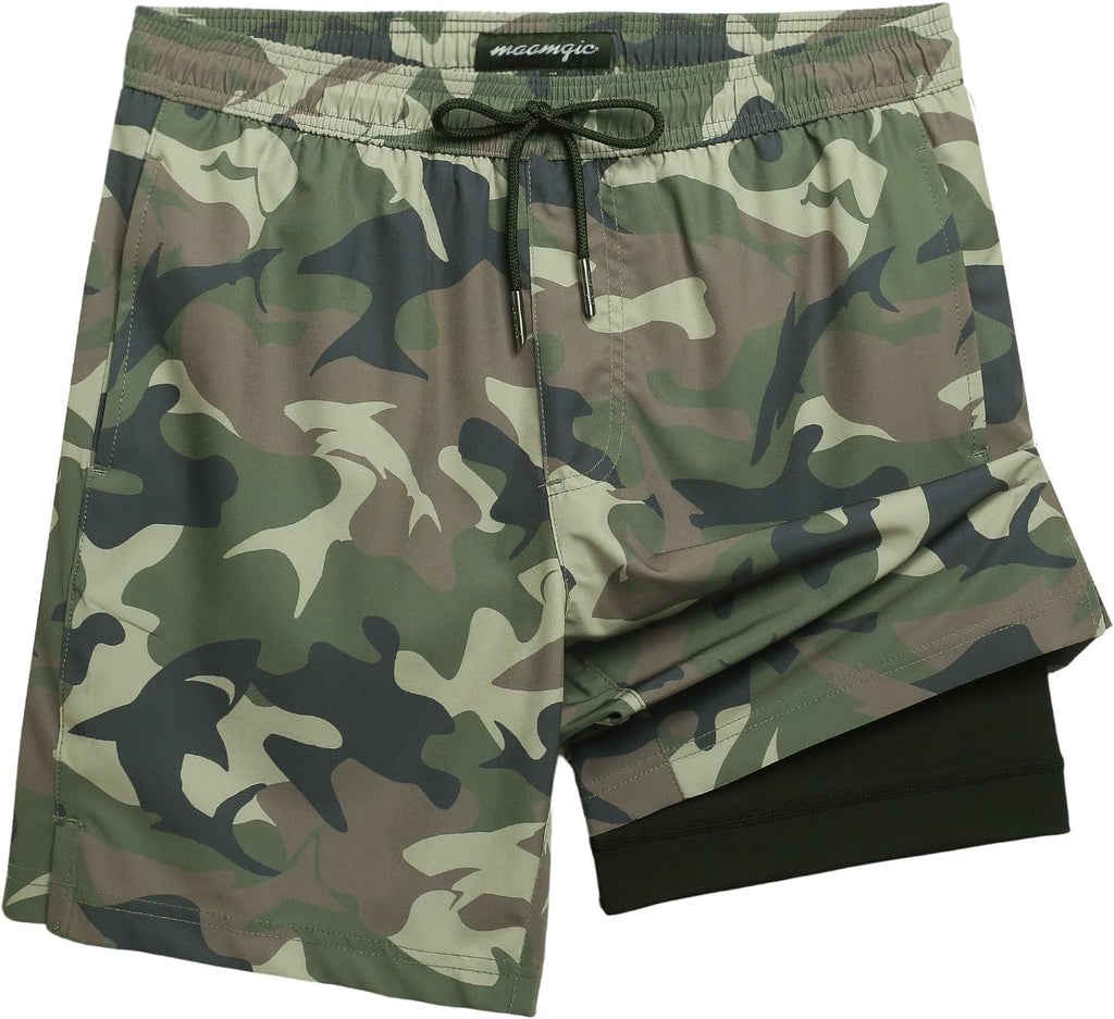 Men's 7 Inch Swim Trunks - Printed Quick Dry Bathing Suit with Compression Liner for Beach and Poolside - Large