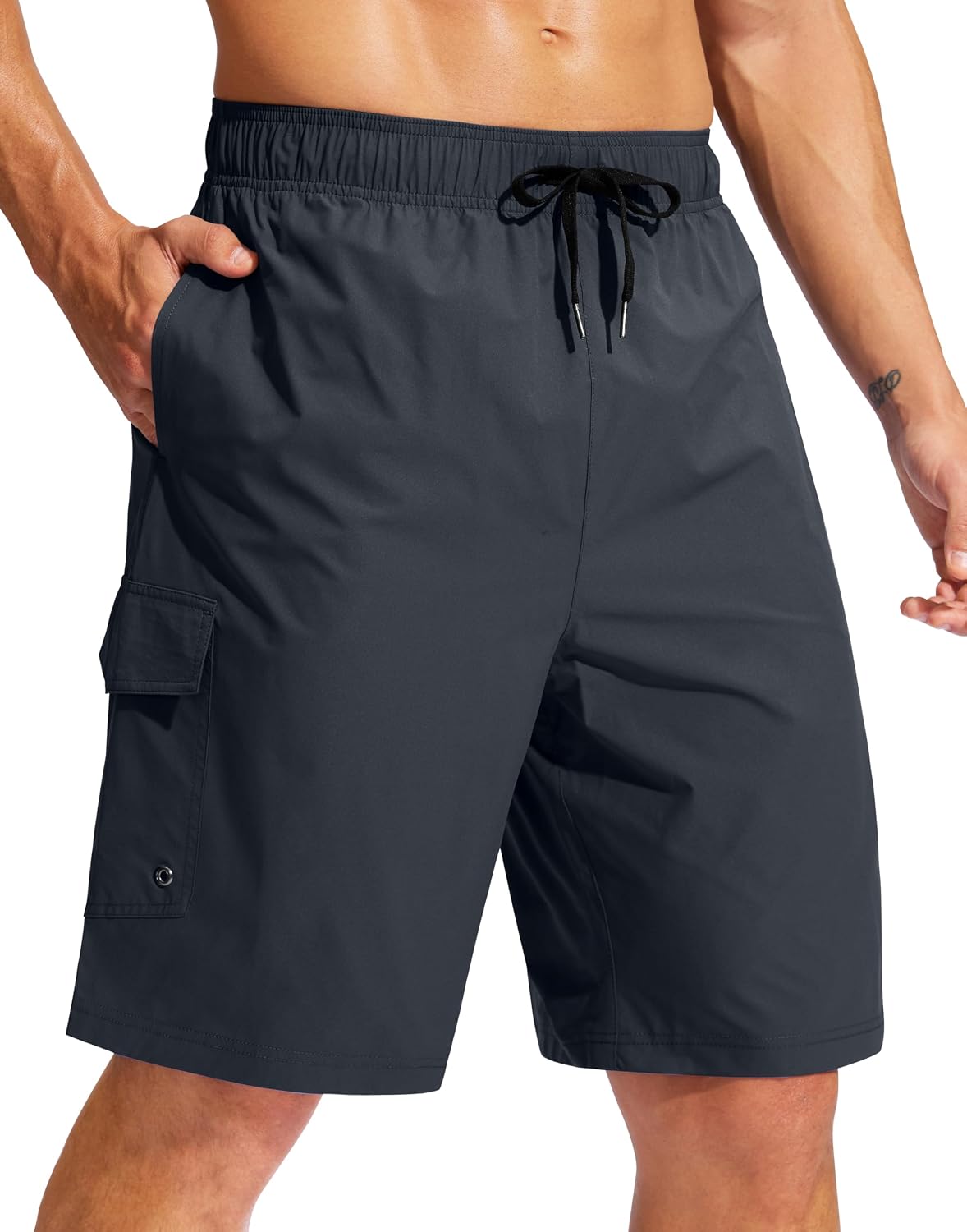 Men's 9 Inch Swim Trunks Without Liner - Knee Length Board Shorts with Three Pockets and Drawstring Waist - Small