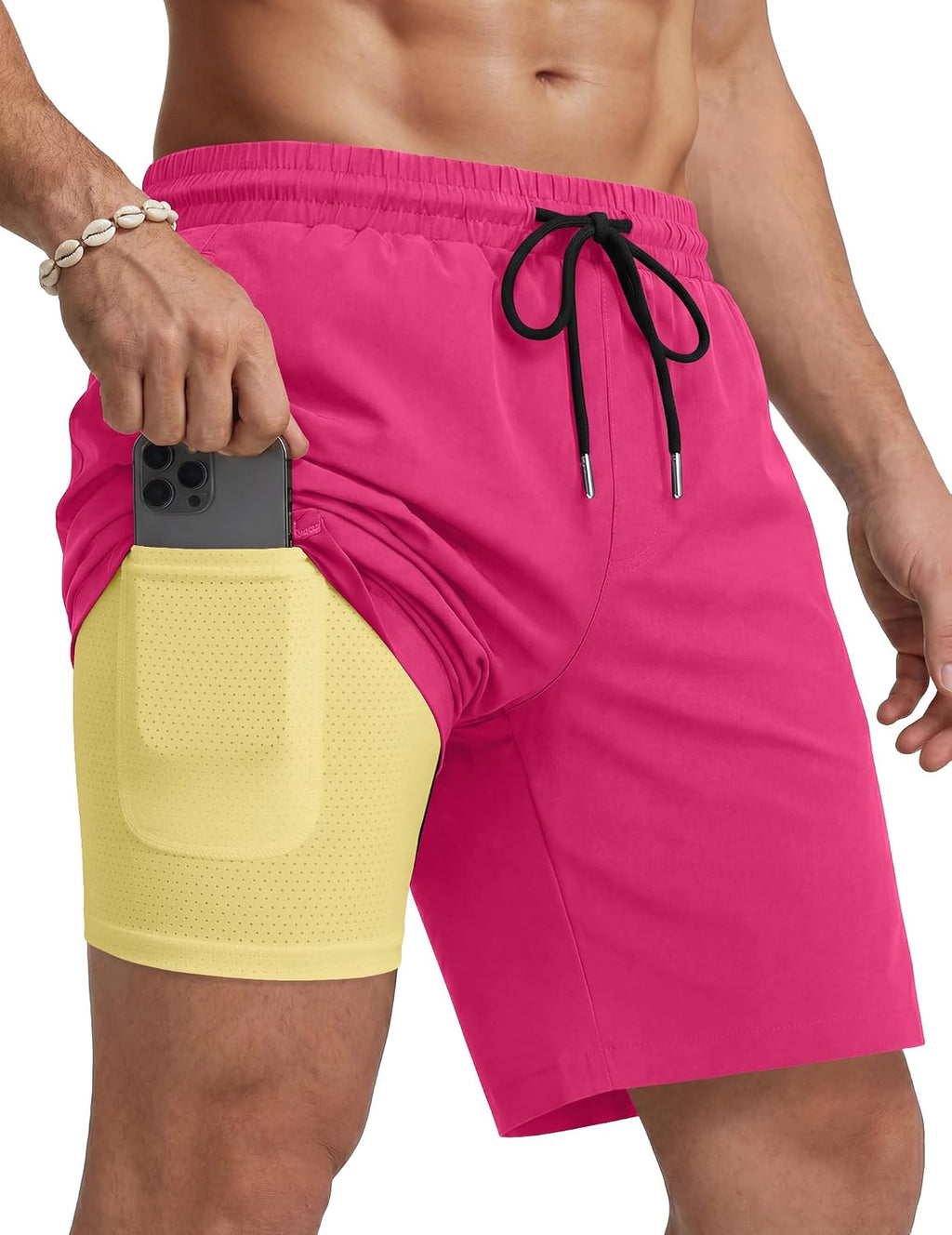 Men's 7 Inch Swim Trunks - Quick Dry Bathing Suit with Compression Liner and Zipper Pockets for Beach Trips - Medium