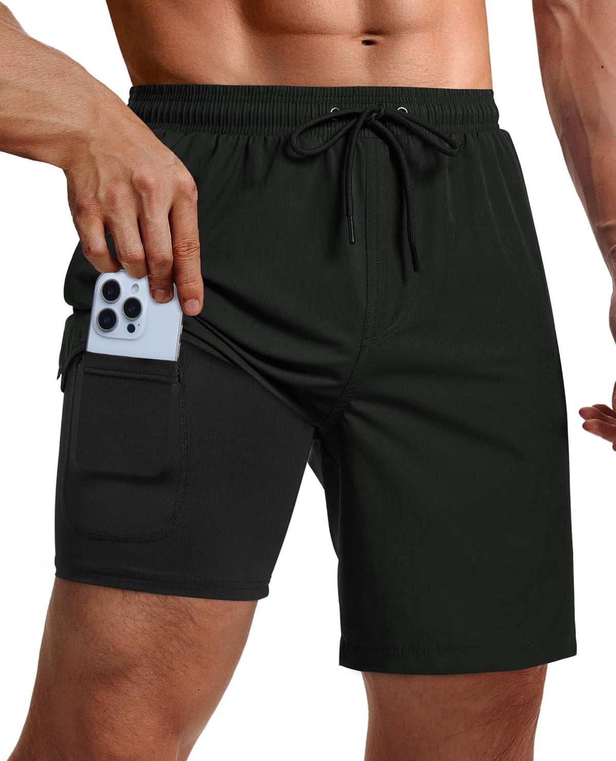 Men's 9 Inch Swim Trunks - UPF 40+ Board Shorts with Compression Liner, Velcro Pocket and Drain Holes - Small