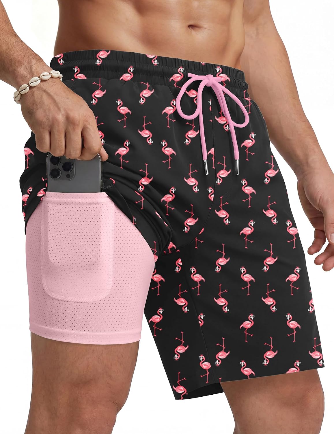 Men's 7 Inch Swim Trunks - Quick Dry Bathing Suit with Compression Liner and Zipper Pockets for Beach Trips - Small