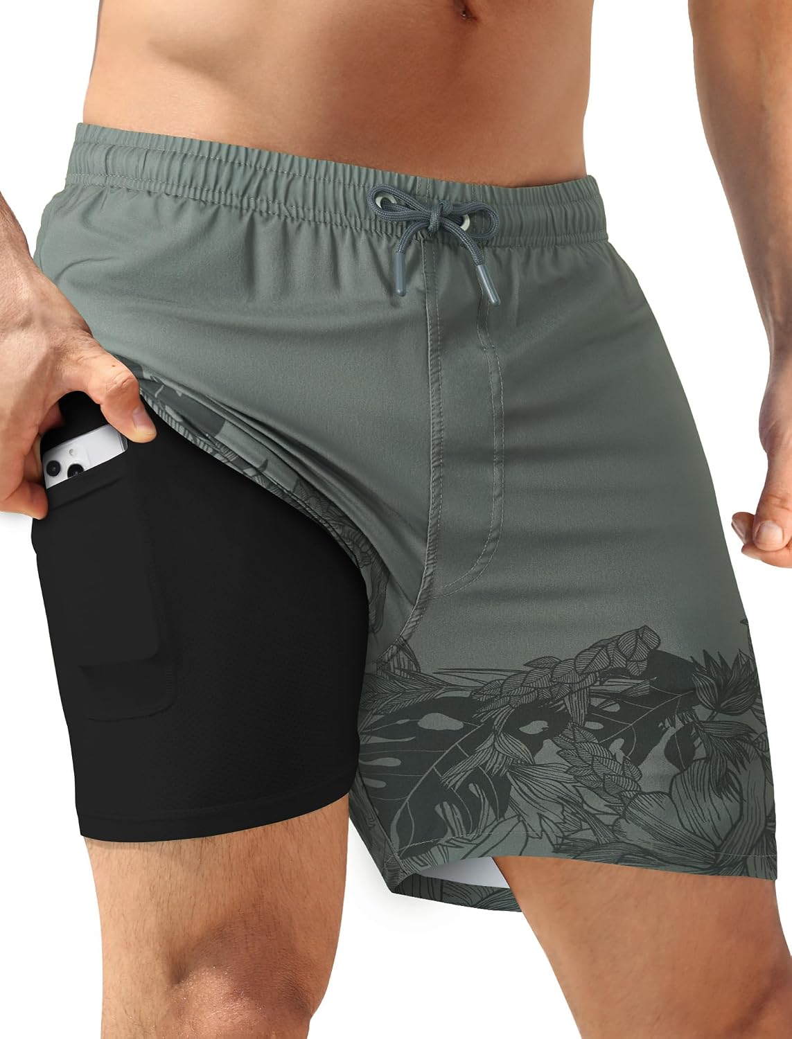 Men's 5 Inch Swim Trunks - Quick Dry 2 in 1 Board Shorts with Compression Liner and Zipper Pockets - Black Green Leaves