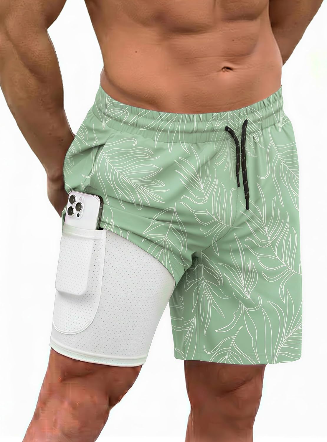 Men's 2 in 1 Swim Trunks - Quick Dry Board Shorts with Compression Liner and Printed Designs for the Beach - Print Green