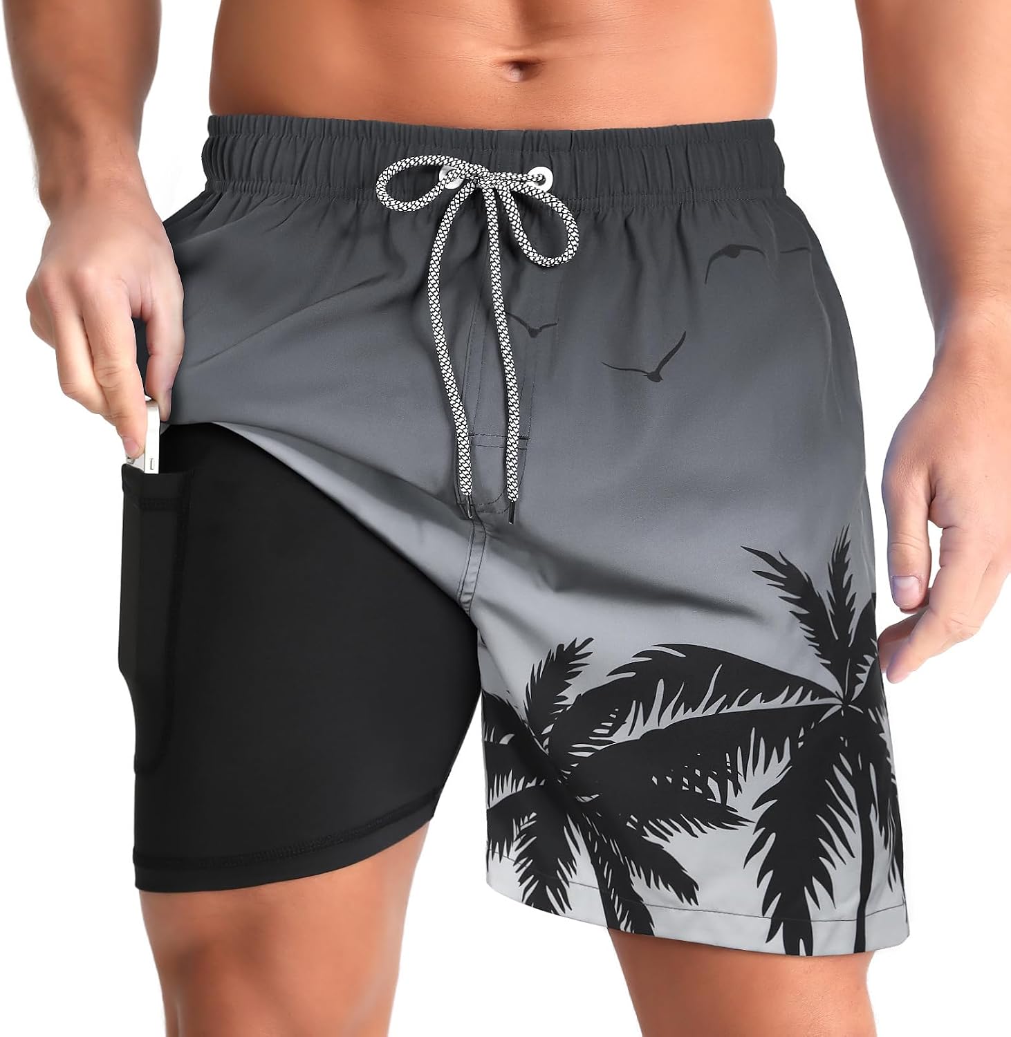 Men's Swim Trunks with Compression Liner - Zip Pockets, Elastic Waist and Quick Dry Fabric for Vacations - Small