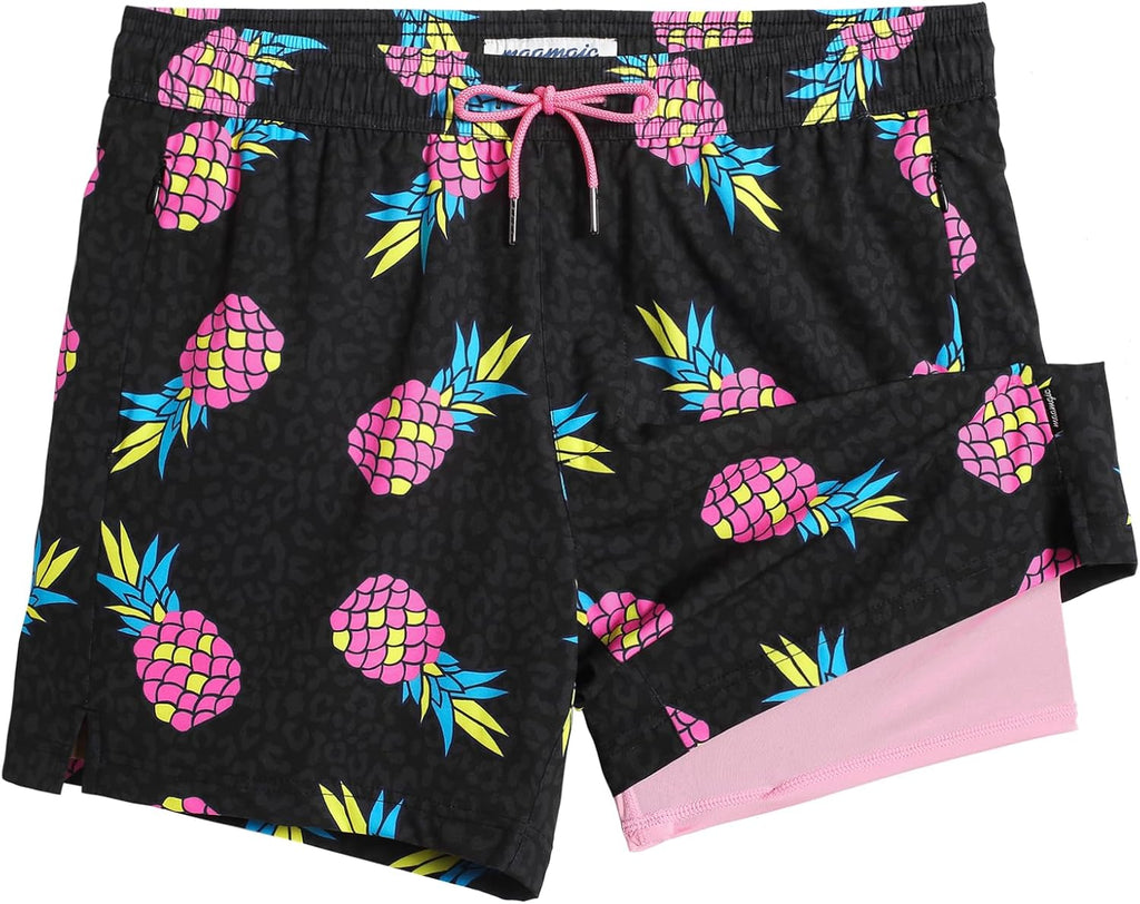 Men's Quick Dry Swim Trunks - 5 Inch Inseam with Built-In Compression Liner for Beach and Pool Days - Blue-pink Flamingo
