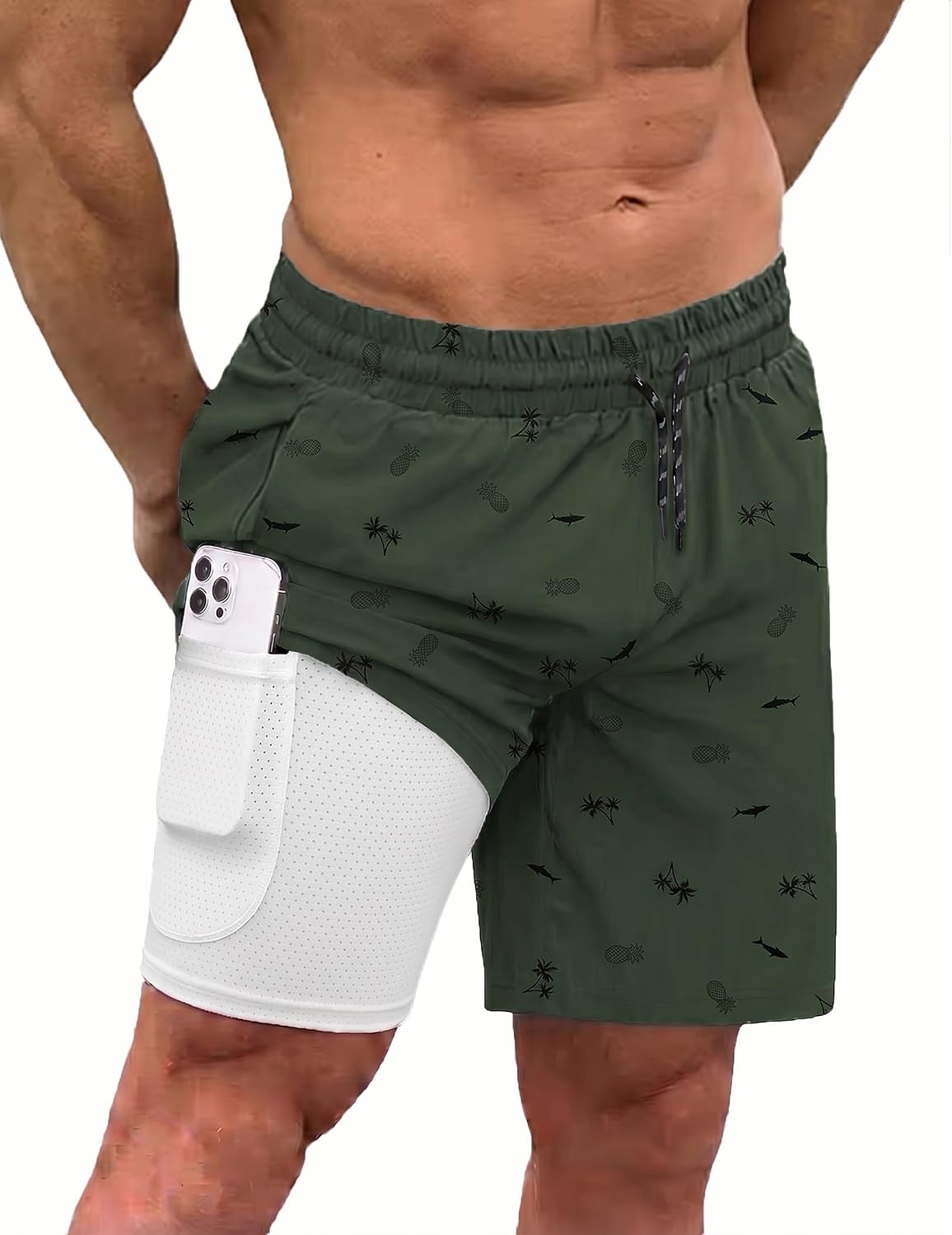 Men's 2 in 1 Swim Trunks - Quick Dry Board Shorts with Compression Liner and Printed Designs for the Beach - Pink Coconu