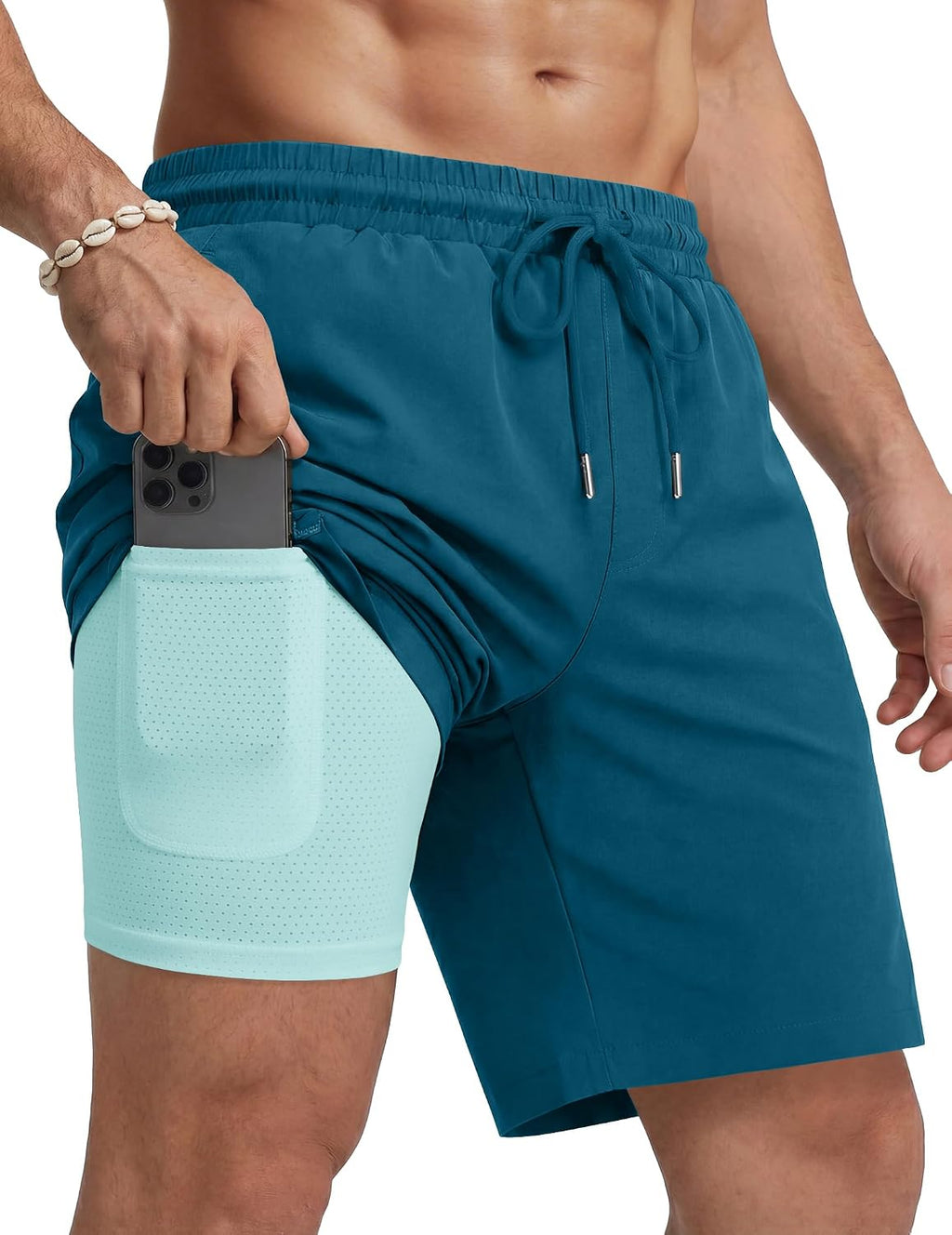 Men's 7 Inch Swim Trunks - Quick Dry Bathing Suit with Compression Liner and Zipper Pockets for Beach Trips - Medium