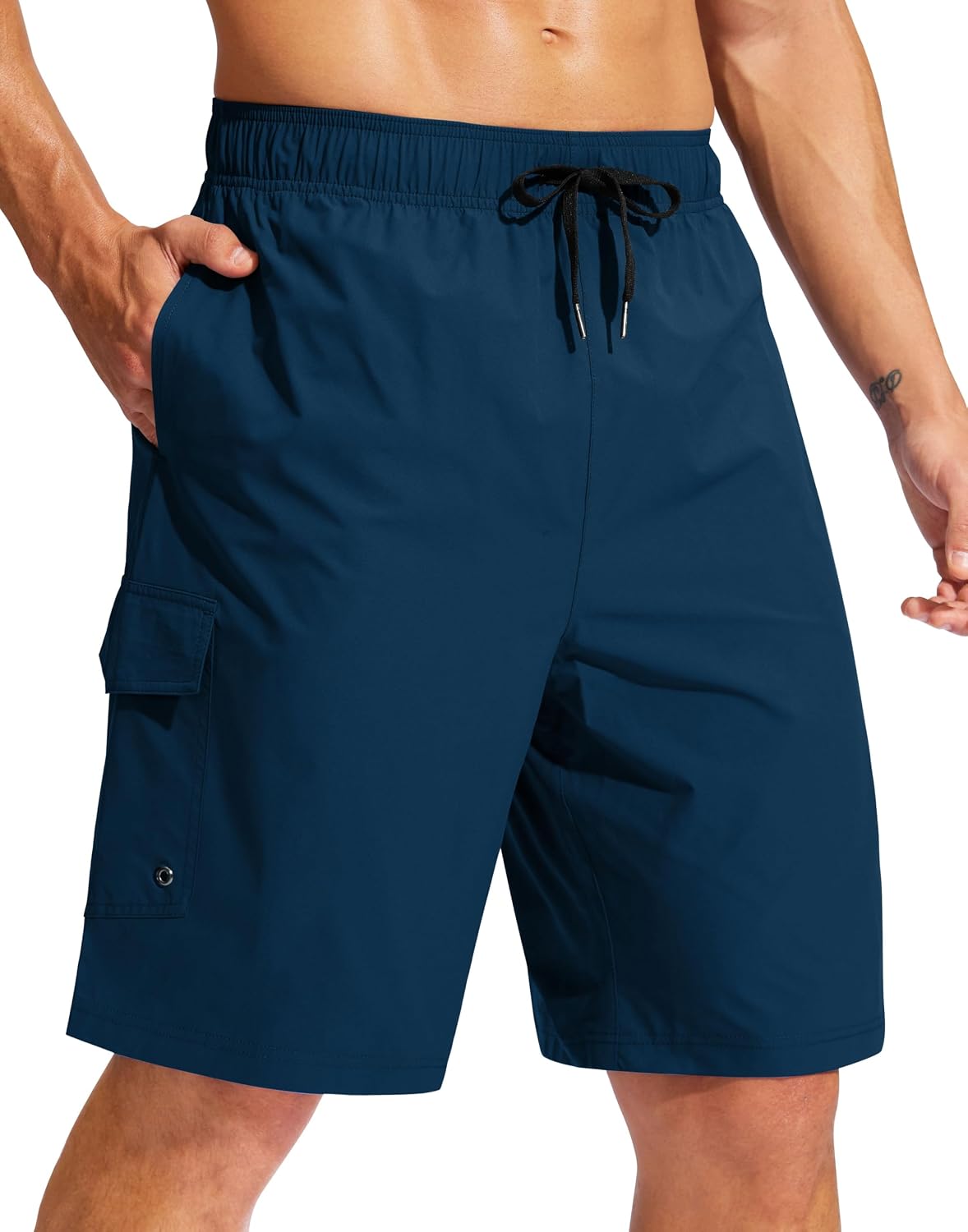 Men's 9 Inch Swim Trunks Without Liner - Knee Length Board Shorts with Three Pockets and Drawstring Waist - Medium