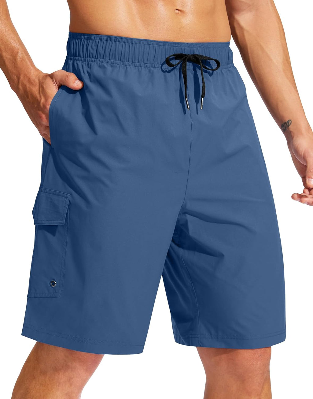 Men's 9 Inch Swim Trunks Without Liner - Knee Length Board Shorts with Three Pockets and Drawstring Waist - Large