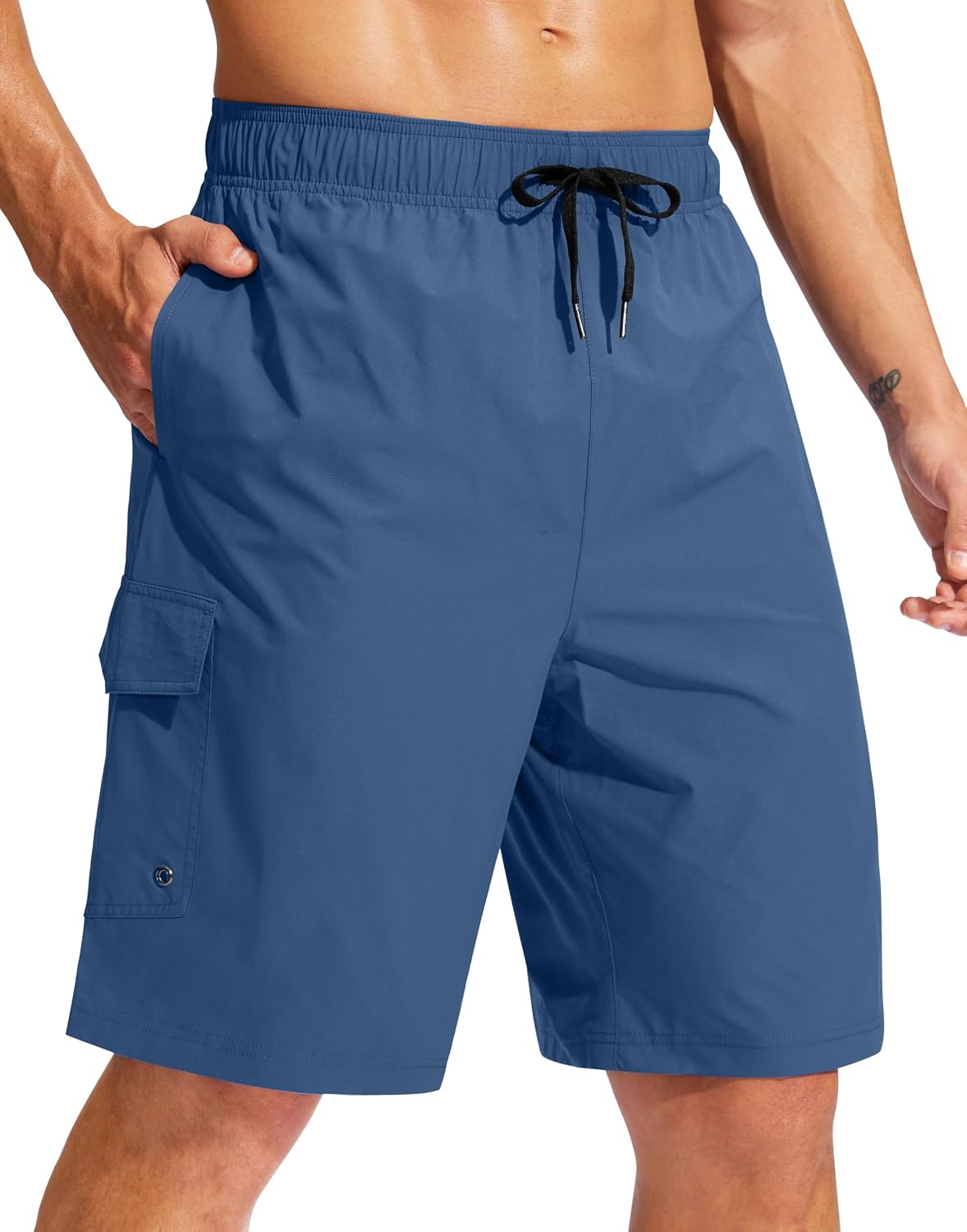 Men's 9 Inch Swim Trunks Without Liner - Knee Length Board Shorts with Three Pockets and Drawstring Waist - Large