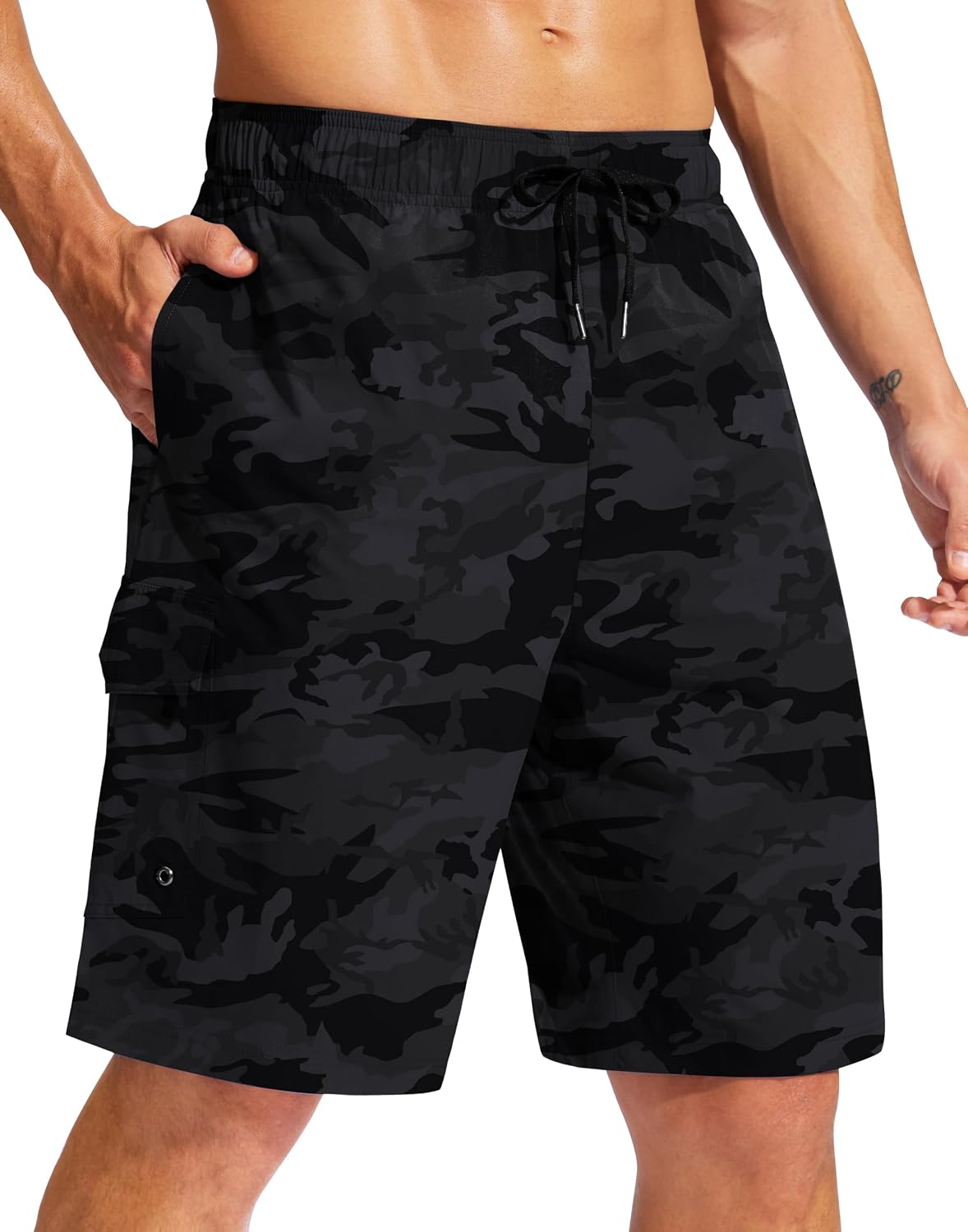 Men's 9 Inch Swim Trunks Without Liner - Knee Length Board Shorts with Three Pockets and Drawstring Waist - Large