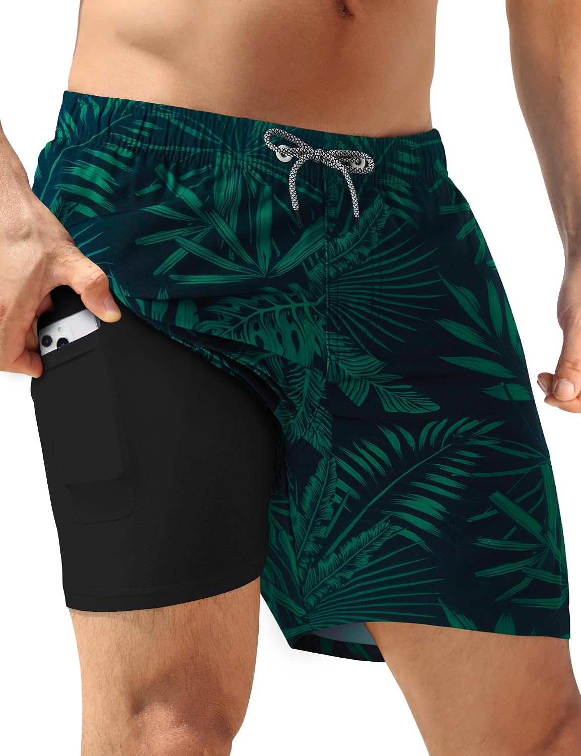 Men's 5 Inch Swim Trunks - Quick Dry 2 in 1 Board Shorts with Compression Liner and Zipper Pockets - Retro Geometric
