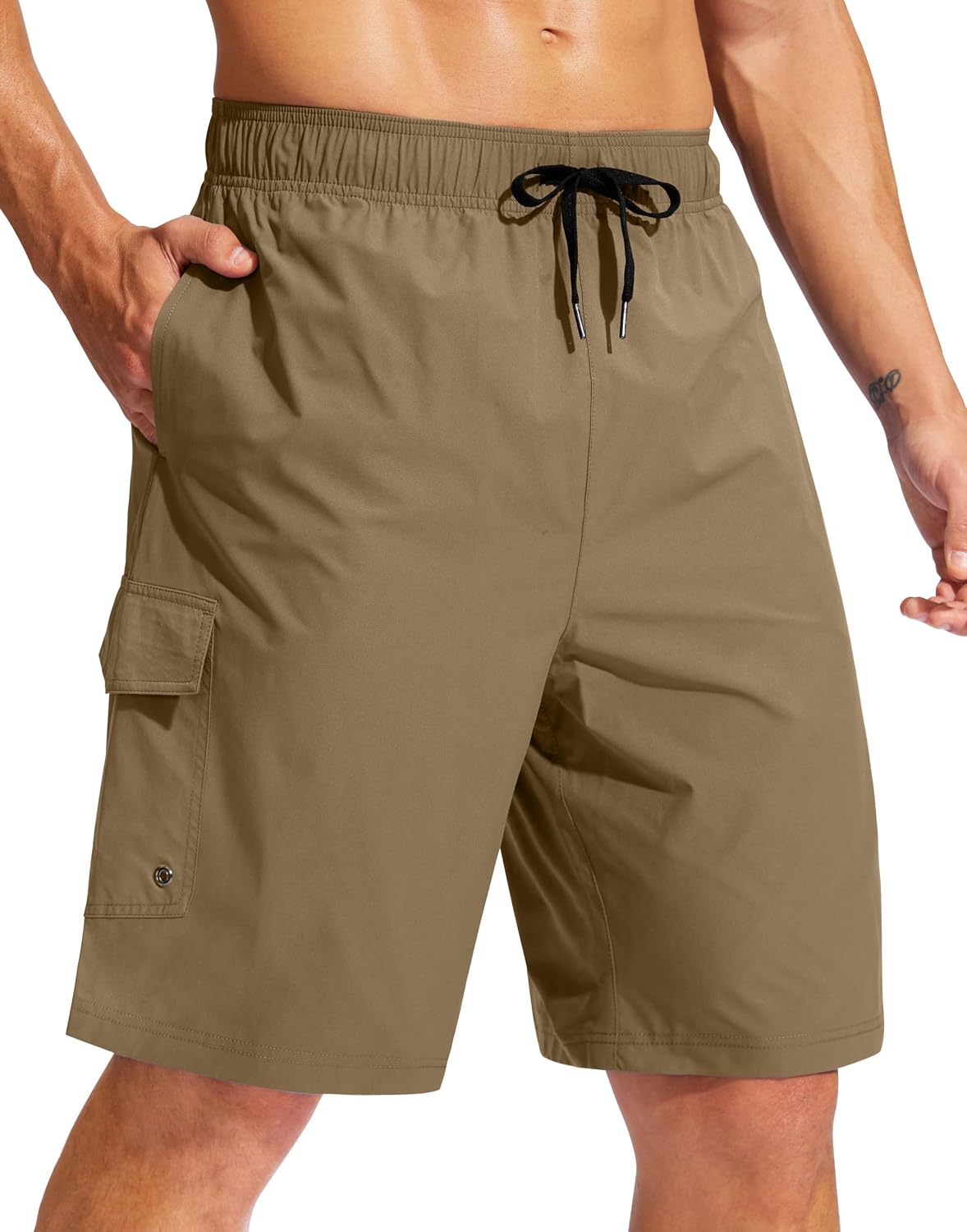 Men's 9 Inch Swim Trunks Without Liner - Knee Length Board Shorts with Three Pockets and Drawstring Waist - Small