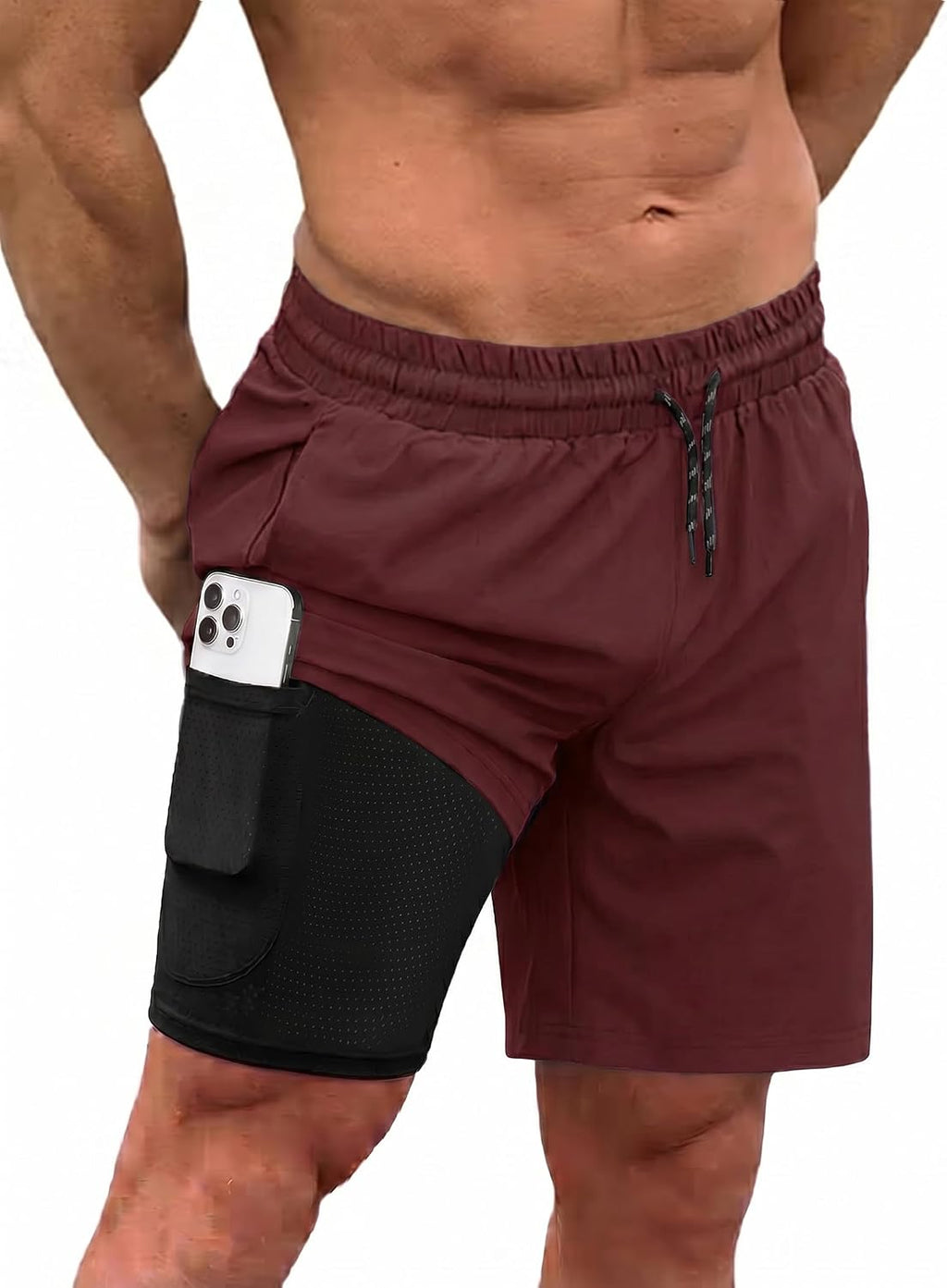 Men's 2 in 1 Swim Trunks - Quick Dry Board Shorts with Compression Liner and Printed Designs for the Beach - Pink Coconu