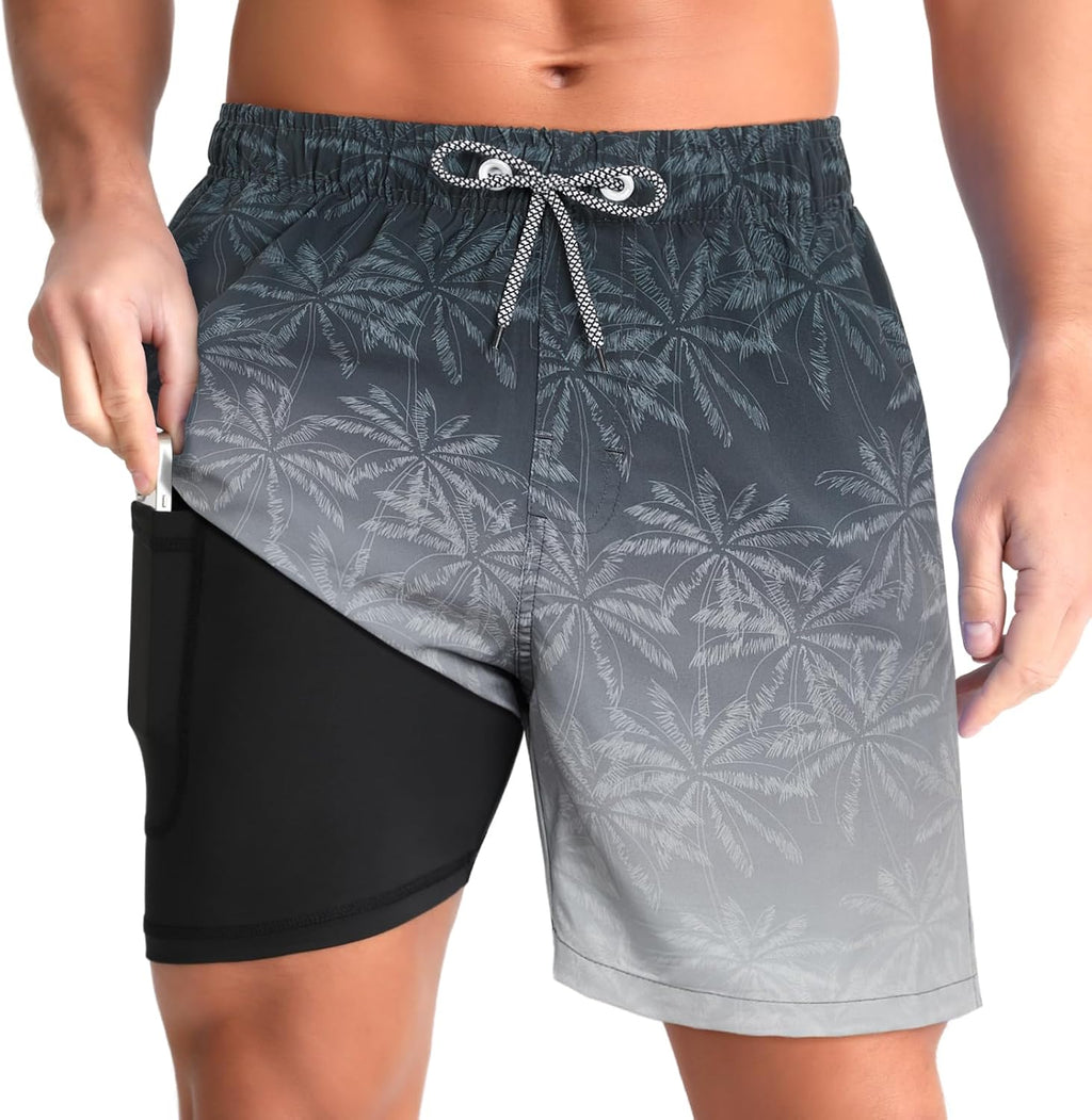 Men's Swim Trunks with Compression Liner - Zip Pockets, Elastic Waist and Quick Dry Fabric for Vacations - Medium