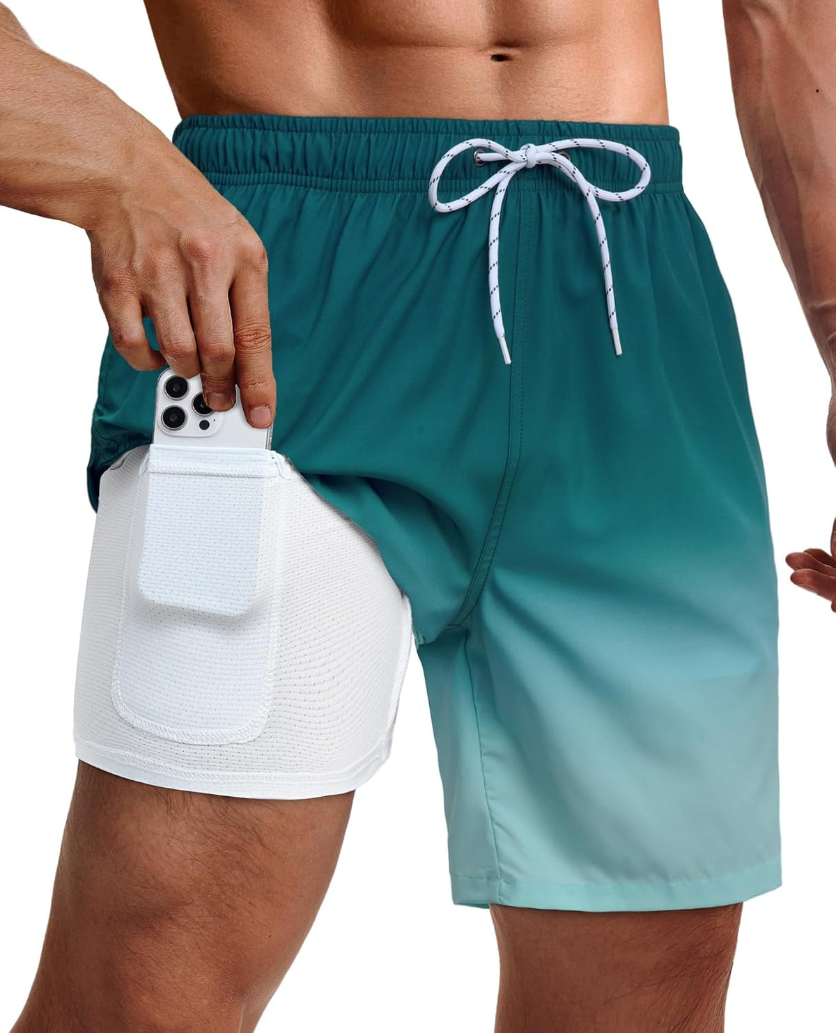 Men's 9 Inch Swim Trunks - UPF 40+ Board Shorts with Compression Liner, Velcro Pocket and Drain Holes - Large