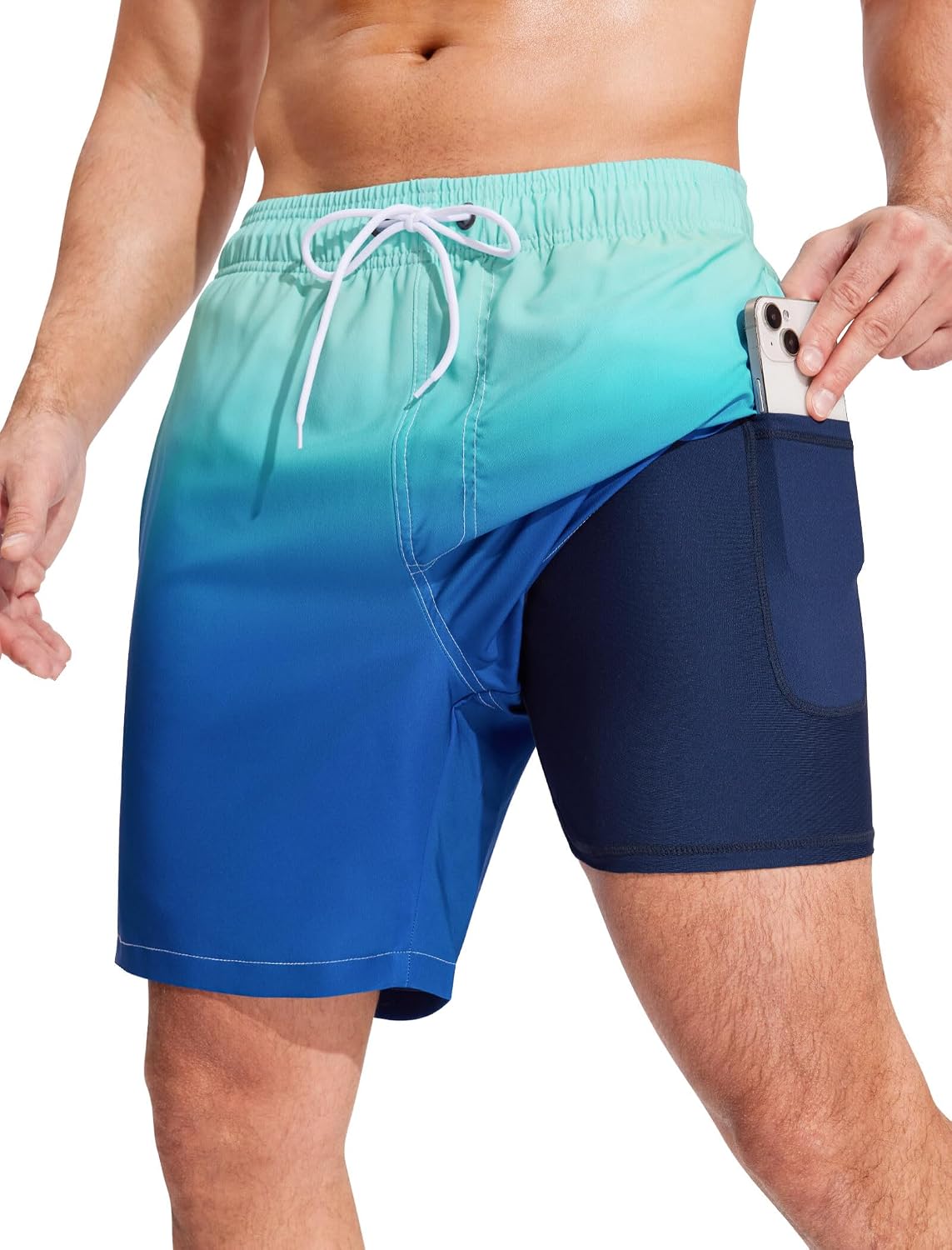 Men's 7 Inch Swim Trunks - 2 in 1 Compression Liner, Adjustable Waist and Side Zipper Pockets for Water Sports - Medium