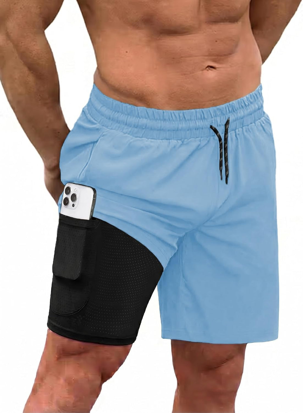Men's 2 in 1 Swim Trunks - Quick Dry Board Shorts with Compression Liner and Printed Designs for the Beach - White