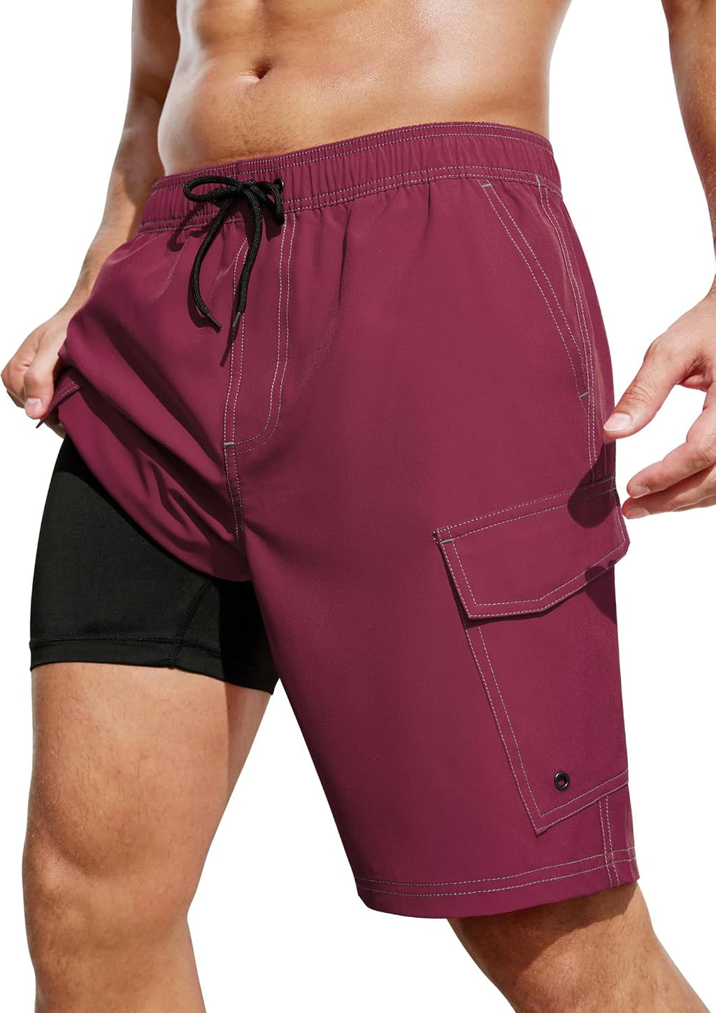 Men's Cargo Swim Trunks - 9 Inch Board Shorts with Compression Liner and Deep Side Pockets for Water Parks - Medium