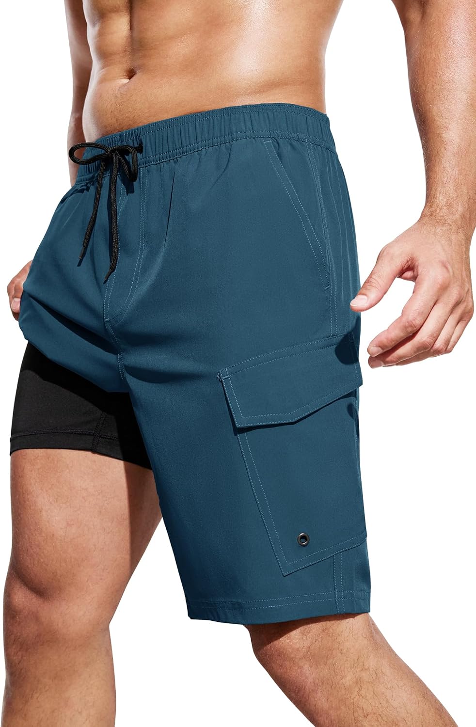 Men's Cargo Swim Trunks - 9 Inch Board Shorts with Compression Liner and Deep Side Pockets for Water Parks - Small