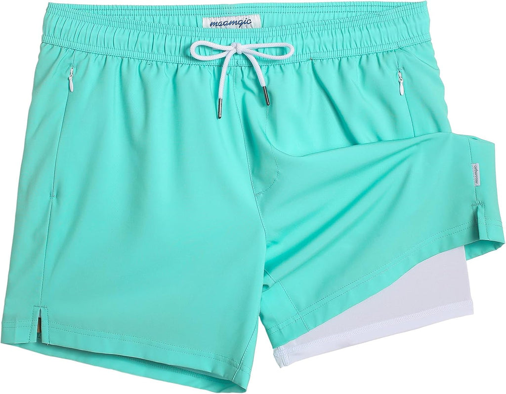 Men's Quick Dry Swim Trunks - 5 Inch Inseam with Built-In Compression Liner for Beach and Pool Days - Blue-pink Flamingo