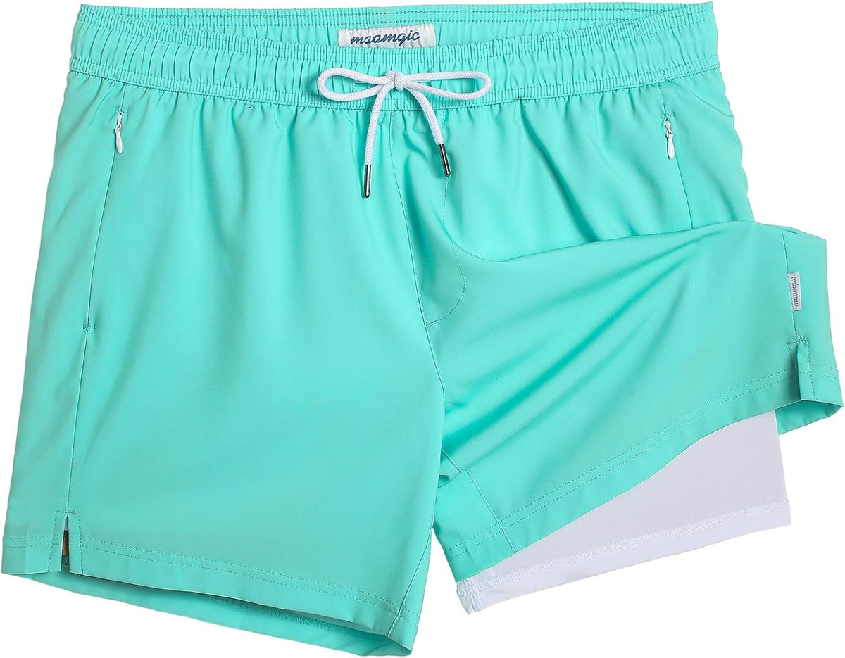 Men's Quick Dry Swim Trunks - 5 Inch Inseam with Built-In Compression Liner for Beach and Pool Days - Blue-pink Flamingo