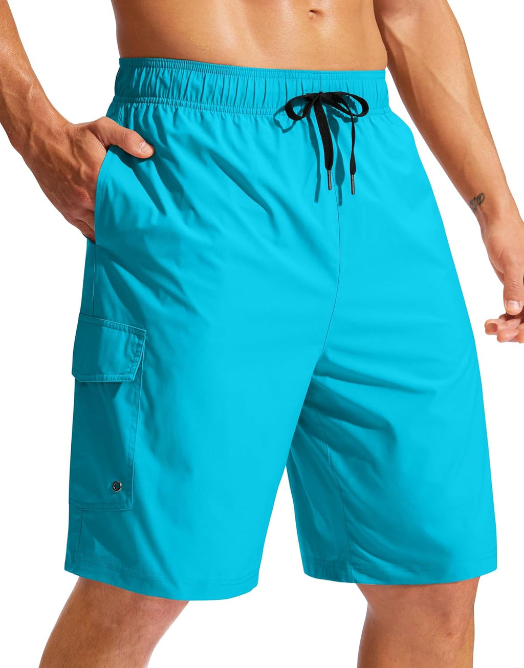 Men's 9 Inch Swim Trunks Without Liner - Knee Length Board Shorts with Three Pockets and Drawstring Waist - Medium