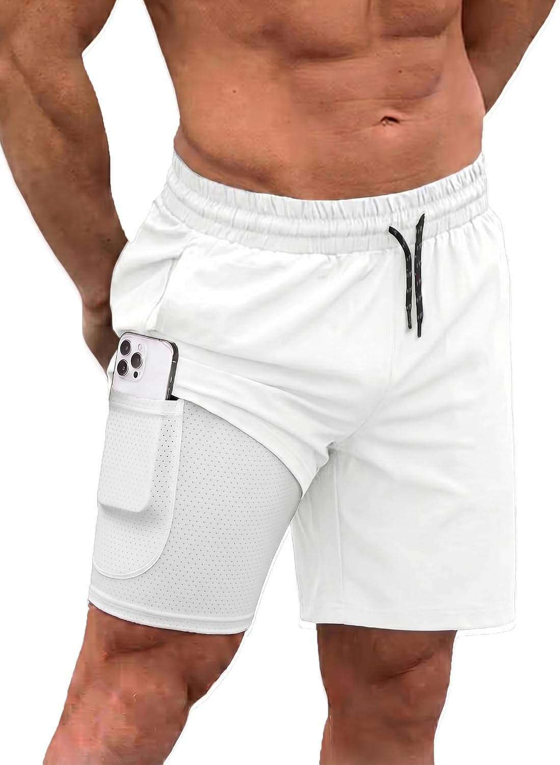 Men's 2 in 1 Swim Trunks - Quick Dry Board Shorts with Compression Liner and Printed Designs for the Beach - Plam Leaf