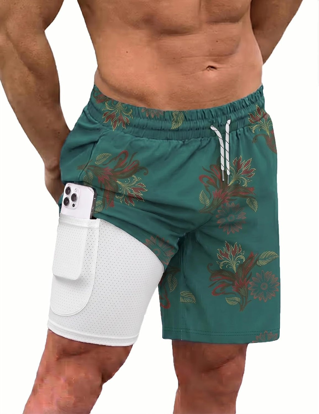 Men's 2 in 1 Swim Trunks - Quick Dry Board Shorts with Compression Liner and Printed Designs for the Beach - Peacock Blu