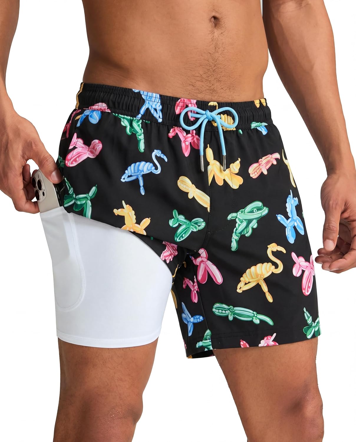 Men's Quick Dry Swim Trunks - 5 Inch Inseam with Built-In Compression Liner for Beach and Pool Days - Black-colorful Din