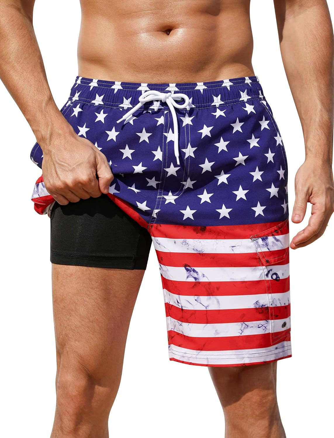 Men's Cargo Swim Trunks - 9 Inch Board Shorts with Compression Liner and Deep Side Pockets for Water Parks - Medium