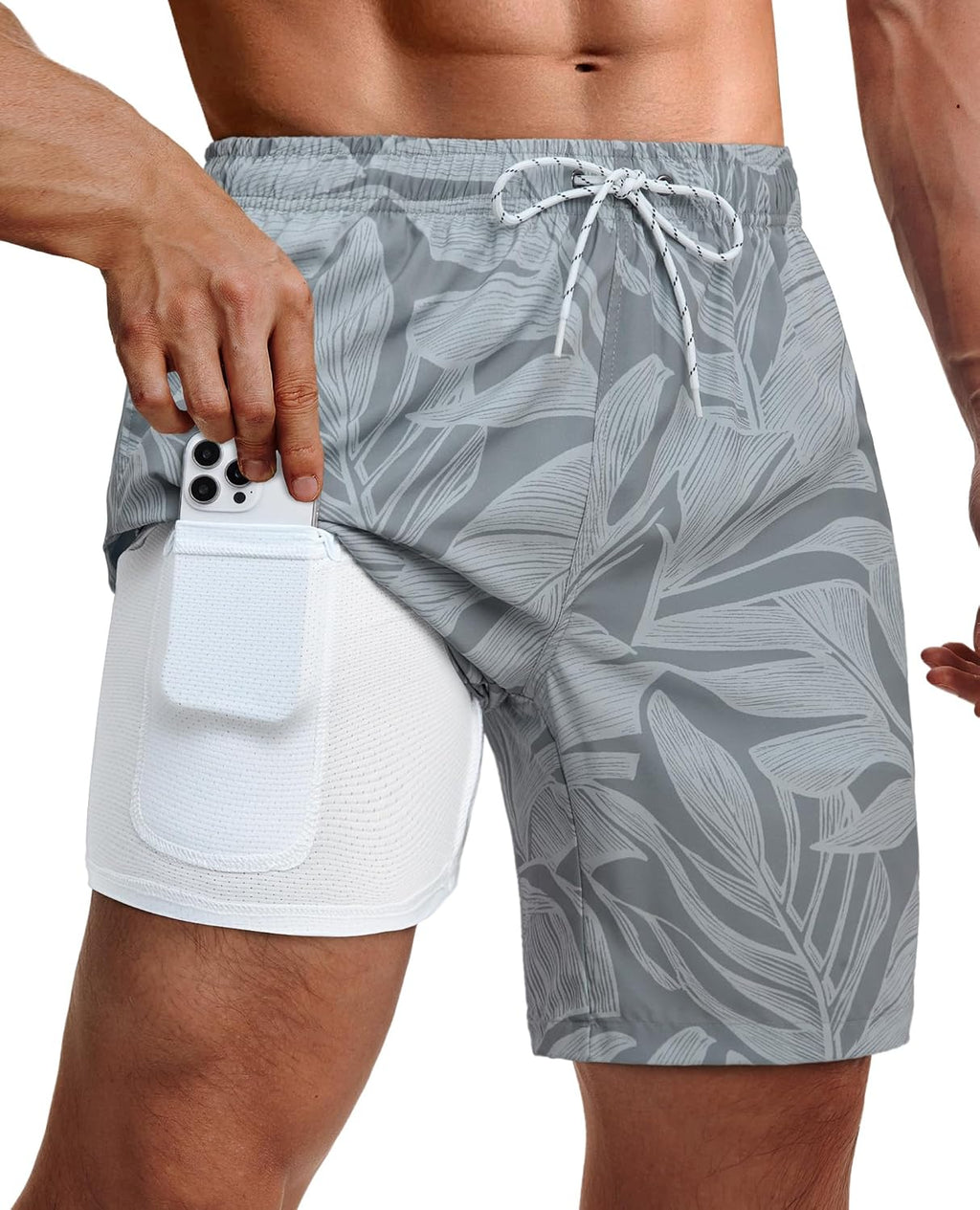 Men's 9 Inch Swim Trunks - UPF 40+ Board Shorts with Compression Liner, Velcro Pocket and Drain Holes - Medium